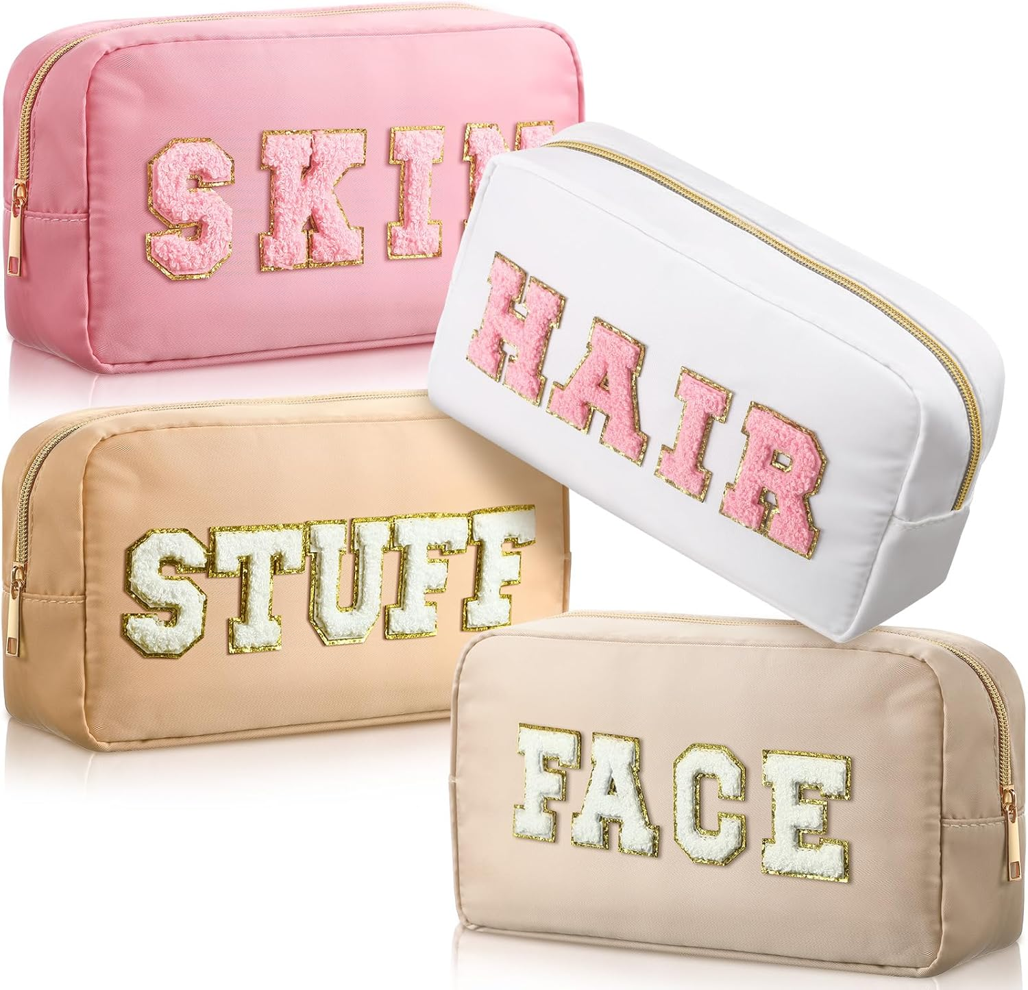 Remerry 4 Pcs Nylon Cosmetic Bag Travel Organizer Chenille Letter Makeup Pouch Zipper Preppy Waterproof Hair Bag Toiletry Pouch for Women Girls(Light Brown, Beige, Light Pink, White) - Colorful image number 7