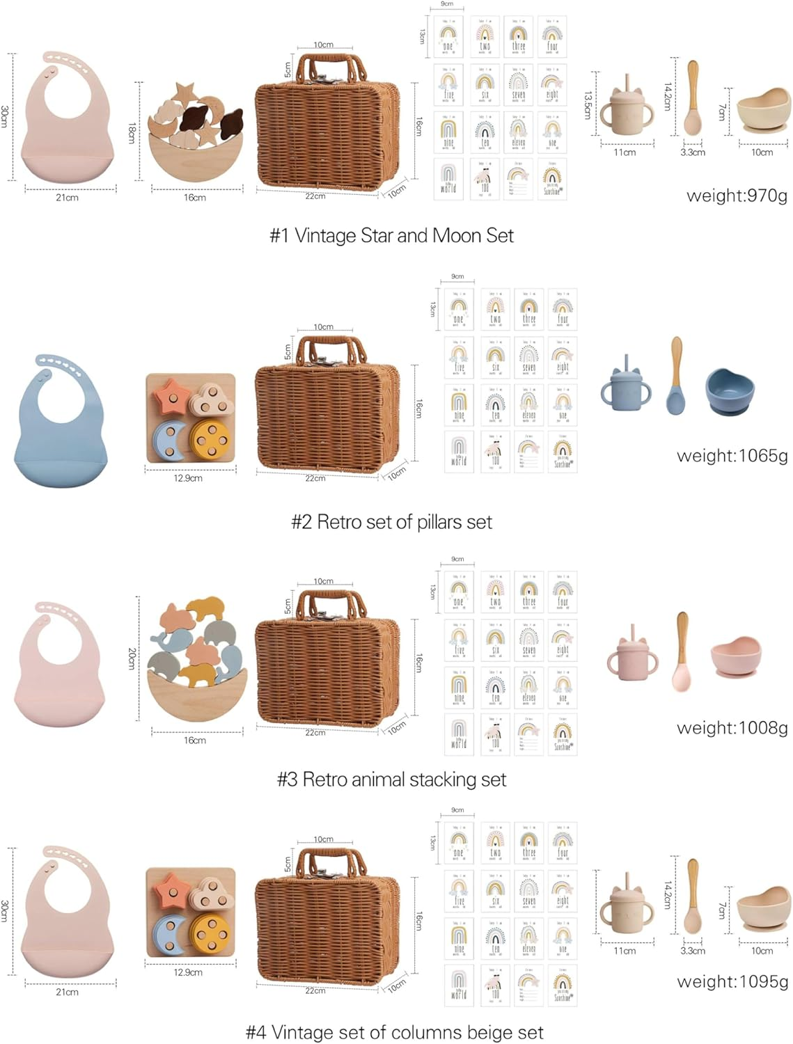 4 in 1 Newborn Gift Bundle with Wooden Stacking Game, Silicone Feeding Set, 16 Milestone Cards and Wicker Gifting Case - Present for New Mums & Baby Shower (Beige Star & Moon Set) image number 1