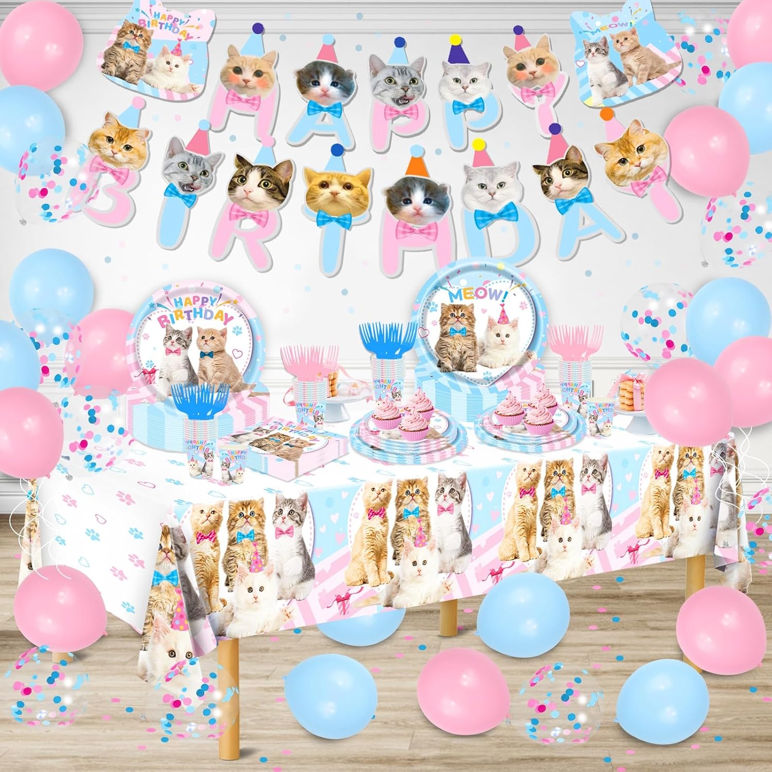 146Pcs Cat Birthday Party Supplies-Serves 24, Cat Party Decorations Kitten Disposable Tableware with Cat Party Plates Cups Napkins Tablecloth Balloons for Kitten Birthday Party Decorations Supplies