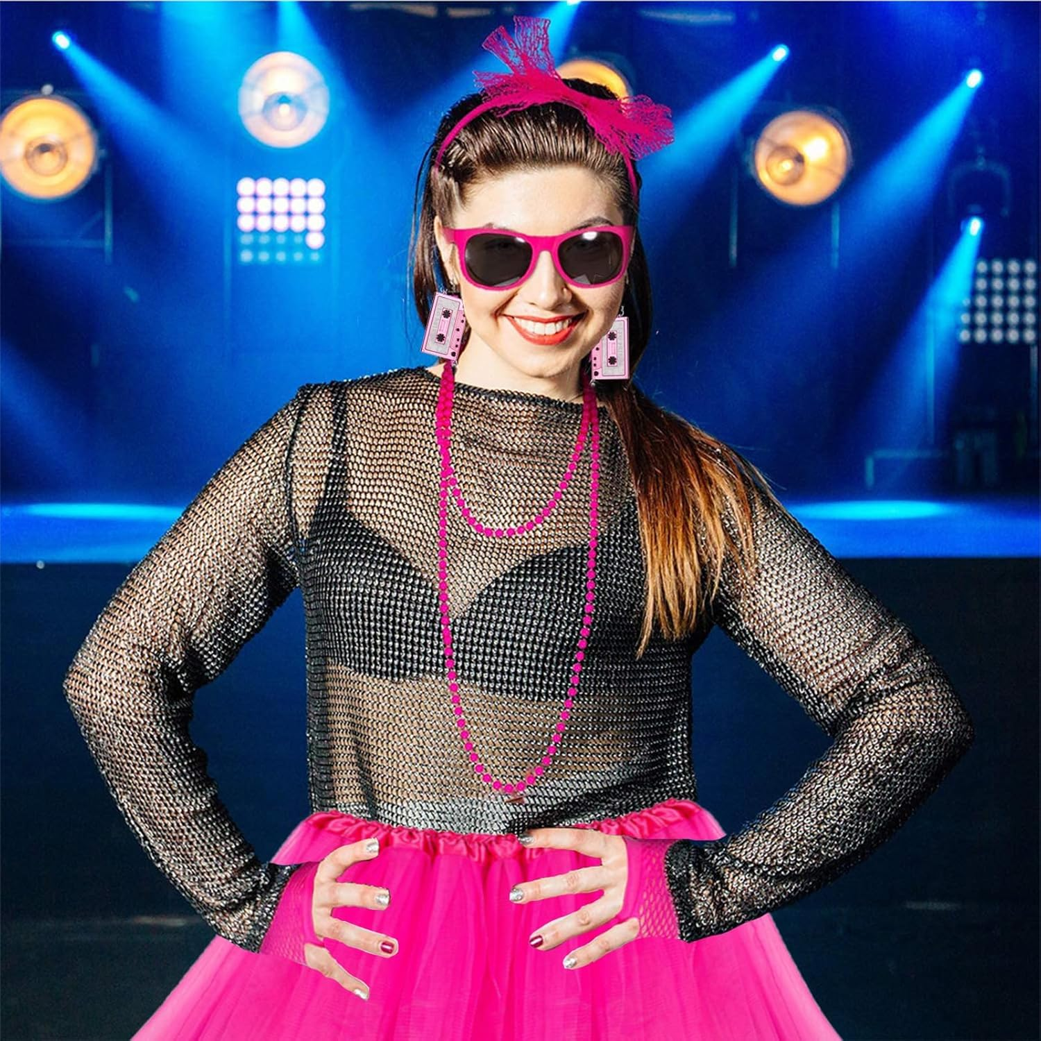 26Pcs 80S Fancy Dress for Women,Neon Clothes Costume Set with Lace Bow Headband,Sunglasses,Hair Scrunchies,Necklace,Earring,Tutu Skirt,Leg Warmers,Fishnet Gloves,Waist Packs (Pink) image number 6