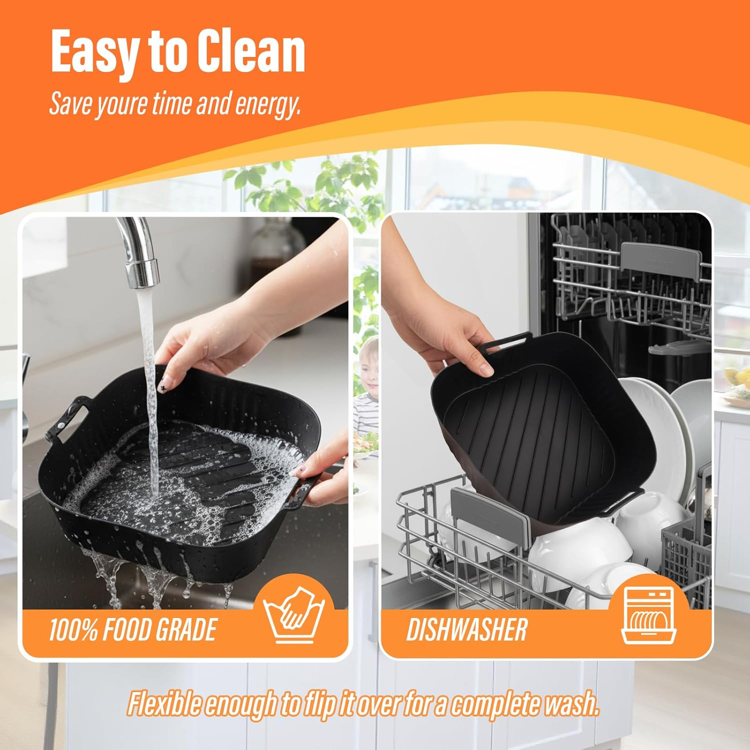 Viiotu 2 Pack Silicone Air Fryer Liners Compatible with Philips 7000 Series 8.3L, Reusable Non-Stick Square Air Fryer Silicone Liner, High Temperature Resistant Easy Cleaning Oven Accessories image number 6