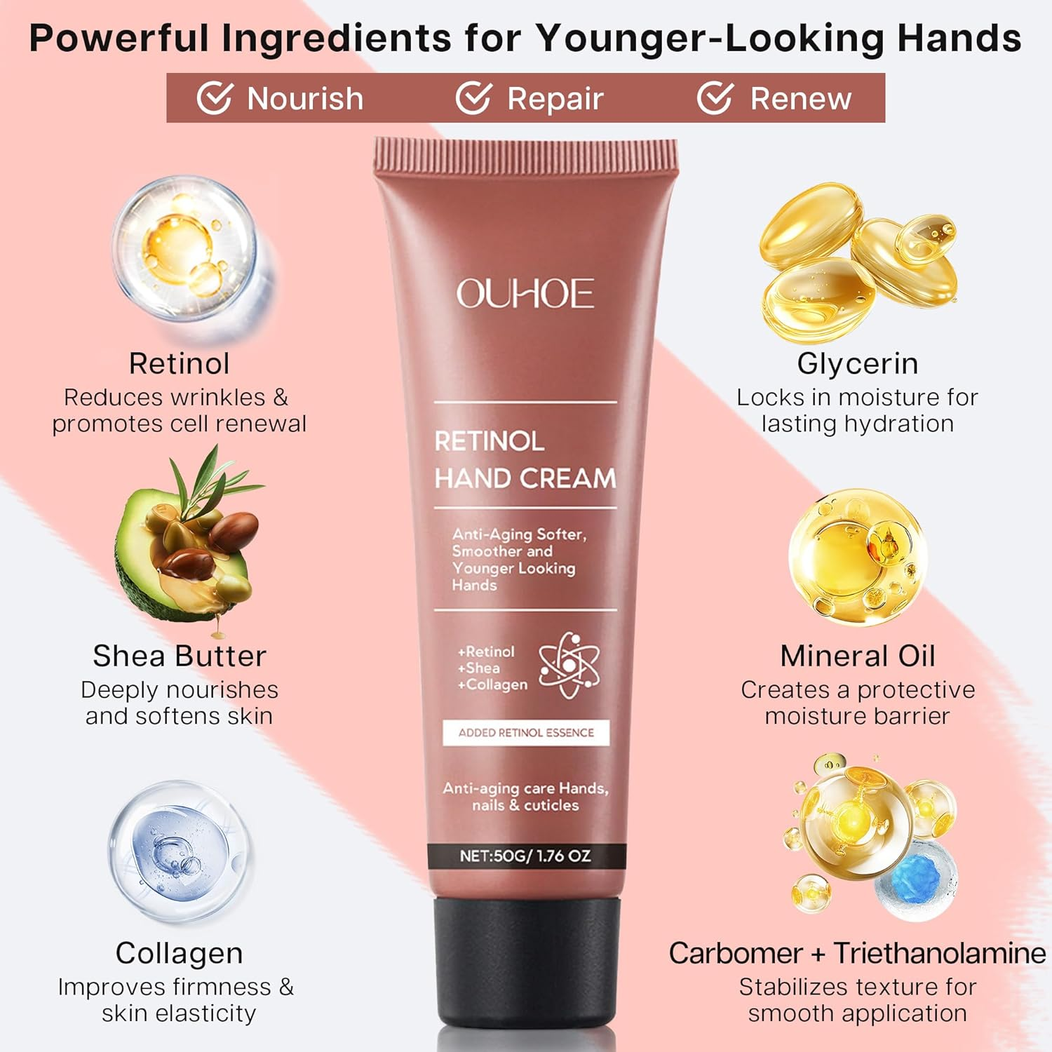 VRAIKO OUHOE Retinol Anti-Aging Hand Cream, Mineral Hand Moisturizer with Retinol, Shea Butter and Collagen, for Younger Looking Hands, Soft Smooth Skin, Nails & Cuticles image number 1