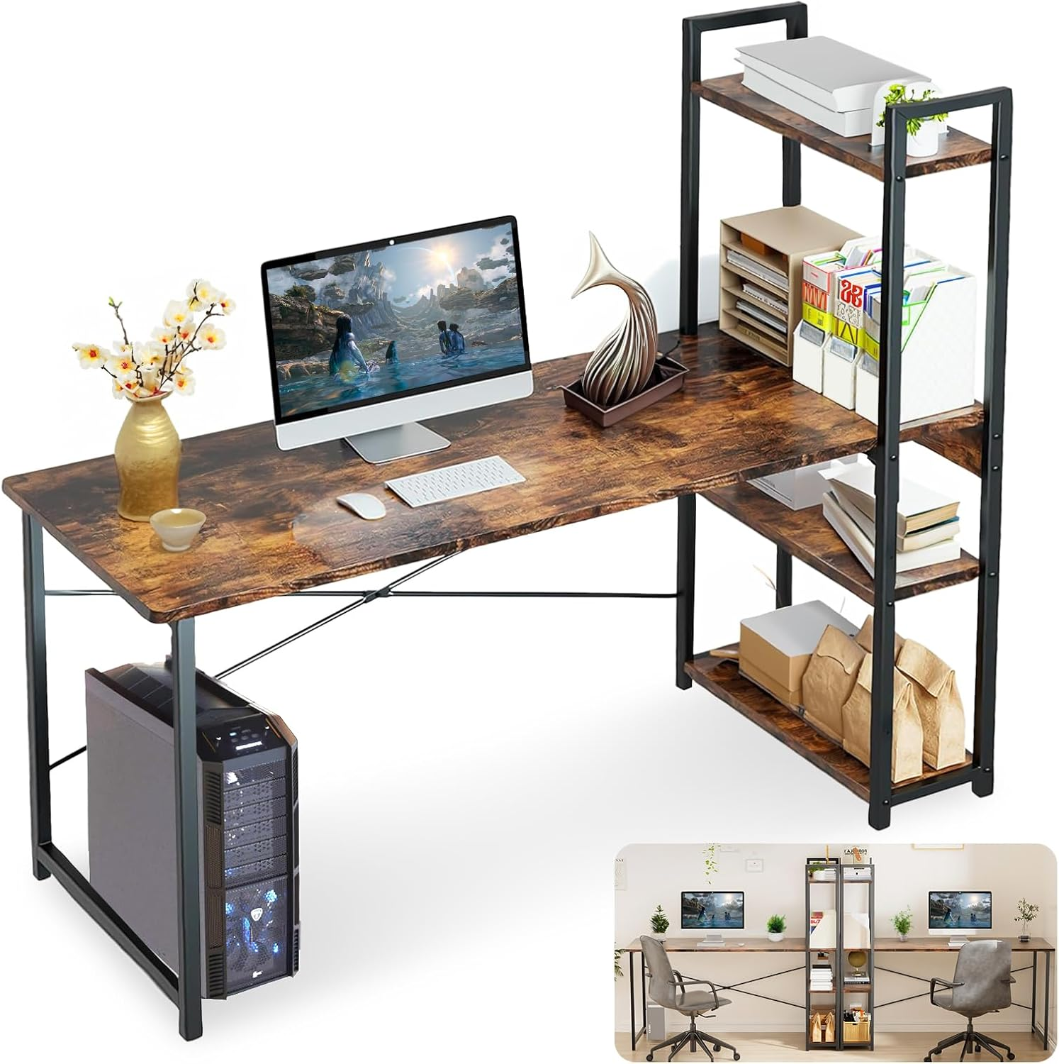Computer Desk, Gaming Desk with Reversible Storage Shelves, Modern Metal Gaming Desk, PC Desk Workstation for Home Office, Rustic Brown image number 3