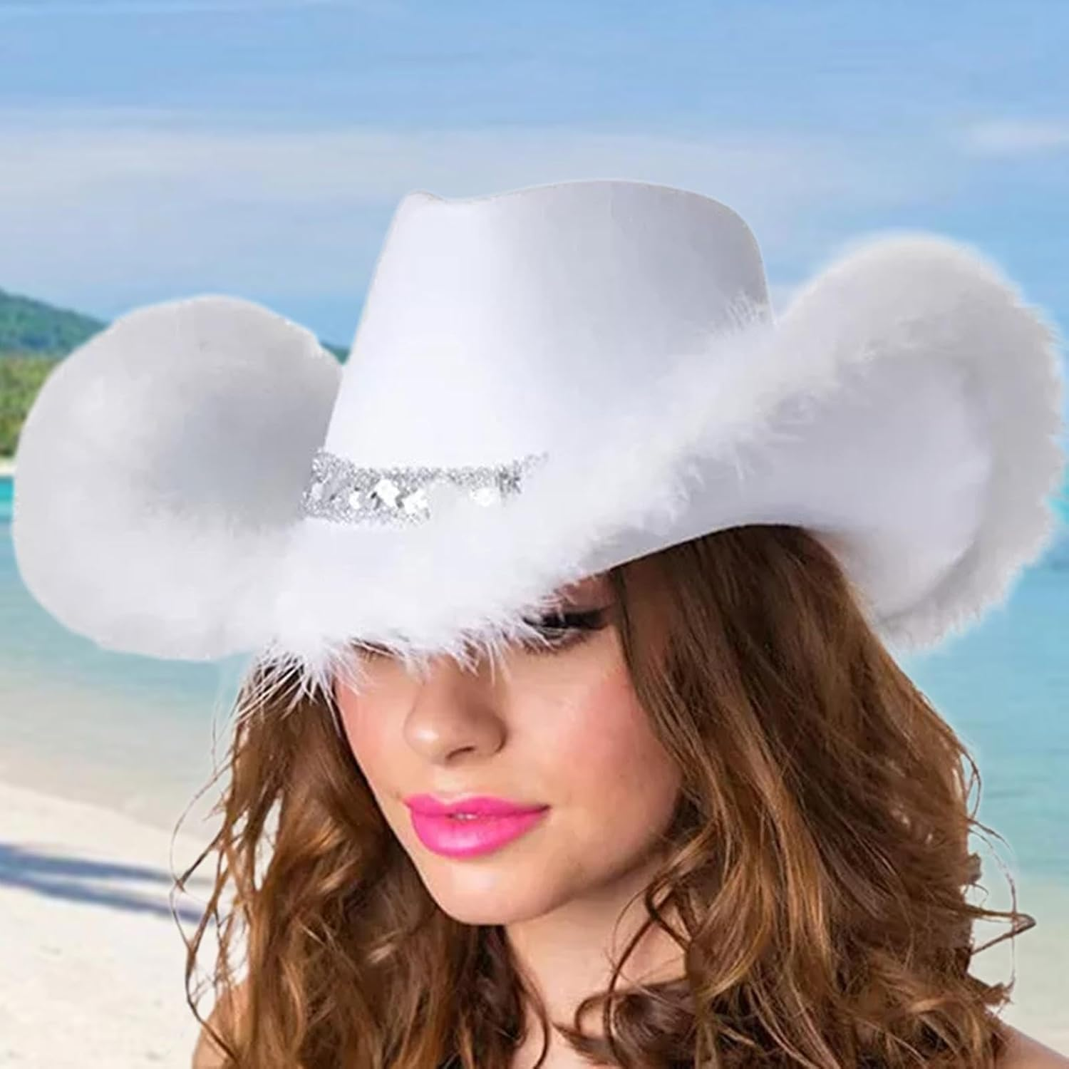 Cowboy Cowgirl Hats - Western Non-Woven Feather Hat,White Feather Trim Cow Girl Hat for Women, Music Festival, Beach, Cowgirl - Pink image number 6