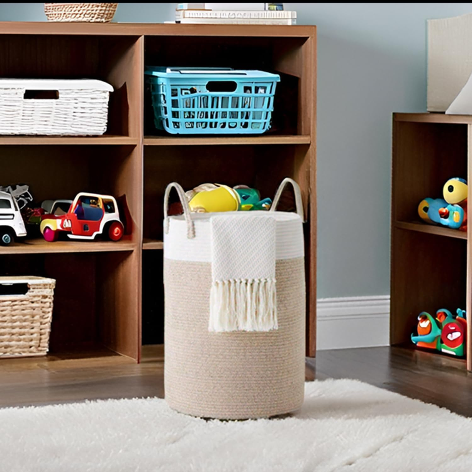 Cotton Rope Blanket Basket, Storage Baskets for Organizing Woven Laundry Basket & Nursery Hamper Large Basket for Blankets & Toy Basket, Collect Objects, Toned Brown image number 6