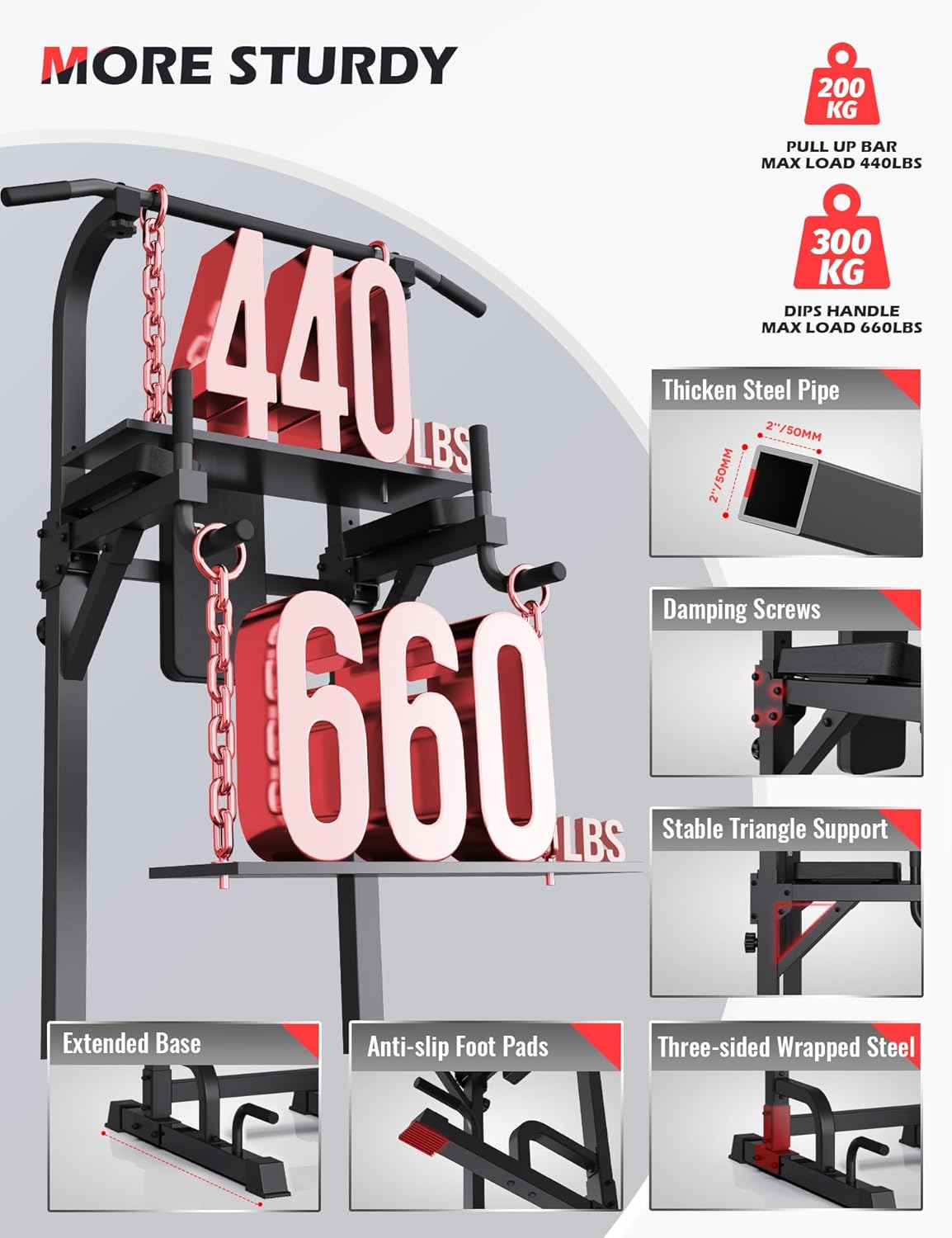 PASYOU Power Tower Pull up Bar Stand 9 Levels Adjust Workout Dip Station for Home Gym Strength Training Equipment Max Load 300KG image number 1