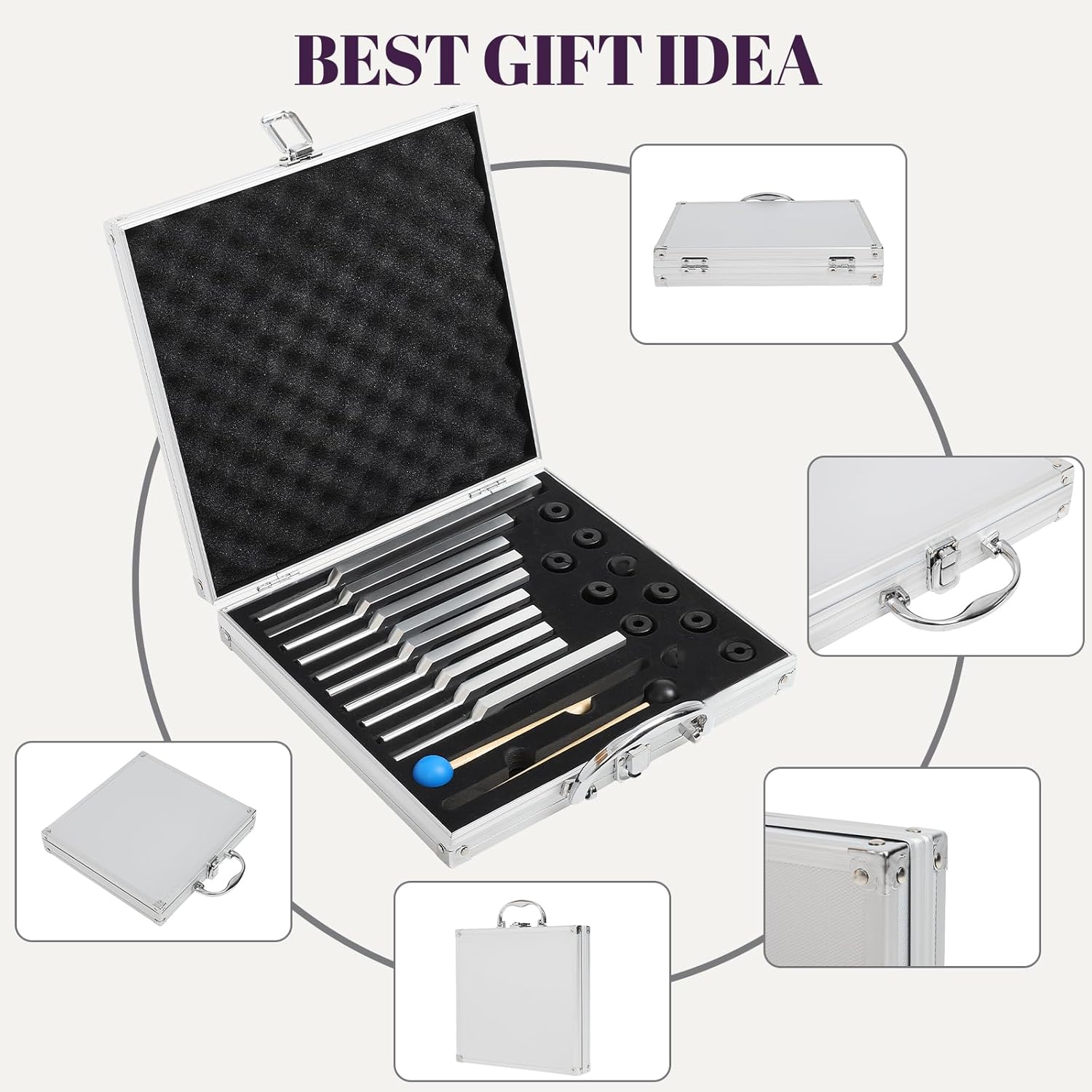 Solfeggio Tuning Forks for Healing, 10 Pcs Silver Unweighted Tuning Forks, Aluminum Alloy Material Tuning Fork Set with Exquisite Aluminum Box, Sound Healing Instruments for DNA Healing image number 1
