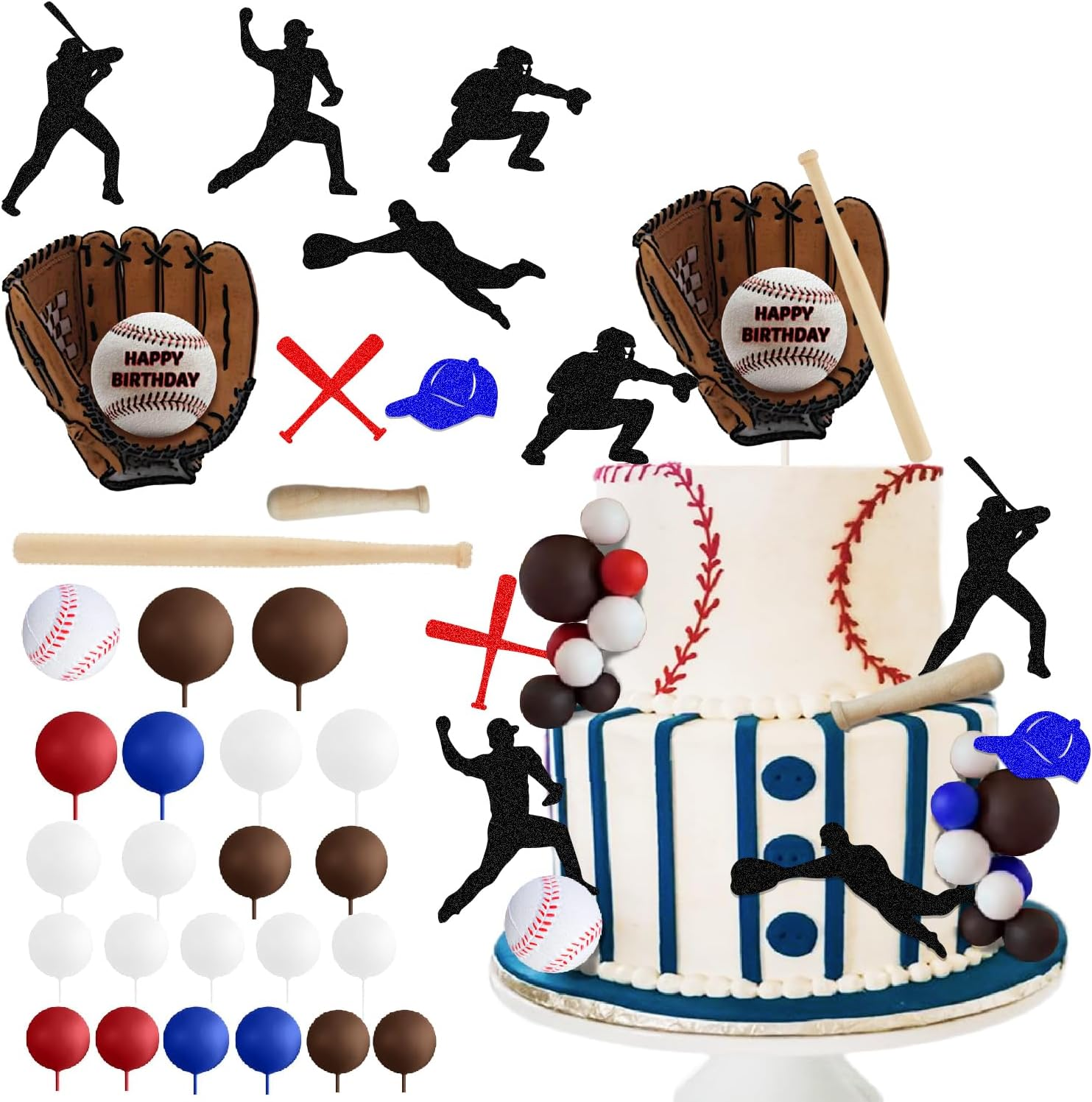 Baseball Cake Topper Baseball Birthday Decoration with Baseball Bat Baseball Glove Baseball Player Red Blue Brown White Balls for Baseball Themed Birthday Party image number 2