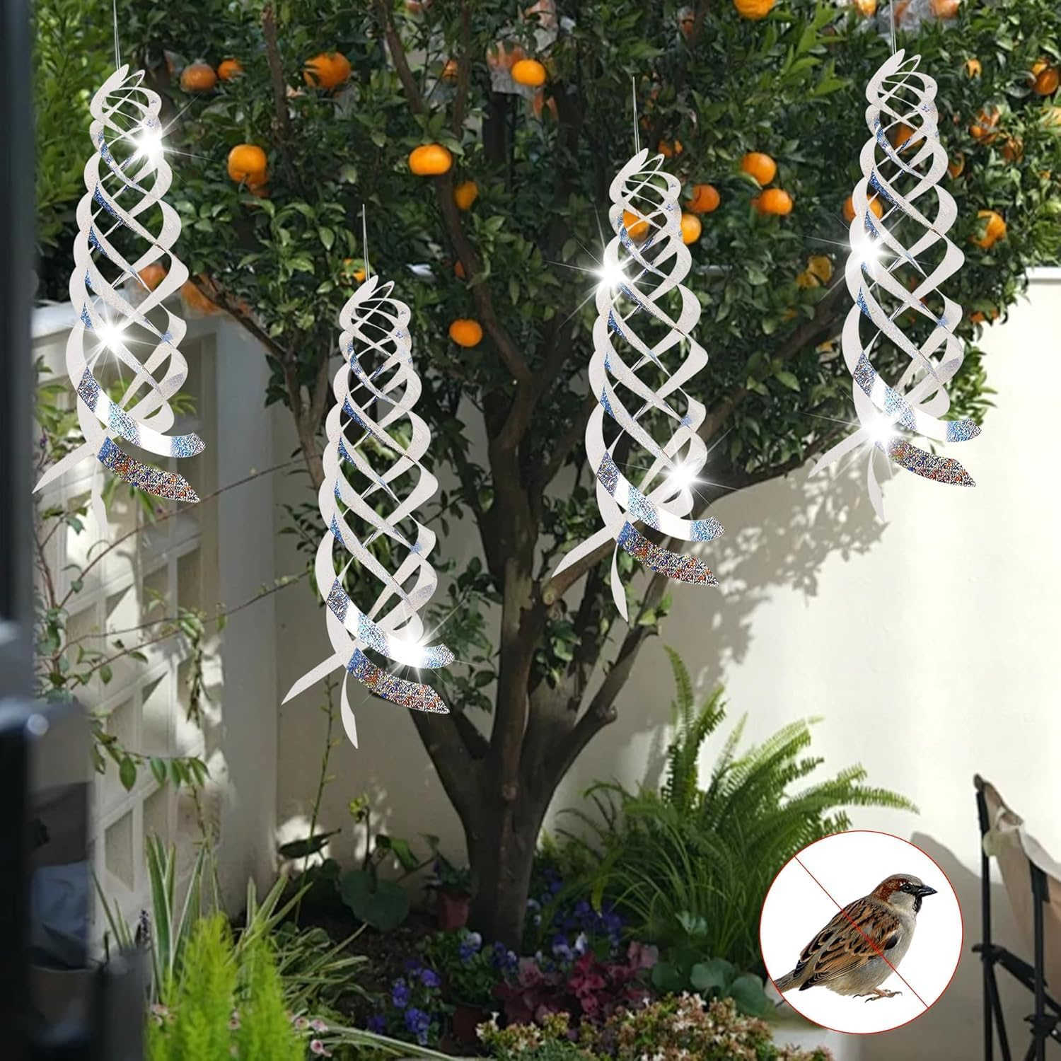 8Pcs Spiral Reflective Bird Repellent Discs &ndash; 17.8" Wind-Activated Deterrent, Silver Hanging Ornaments for Garden, Yard, Balcony & Window Bird Control image number 4