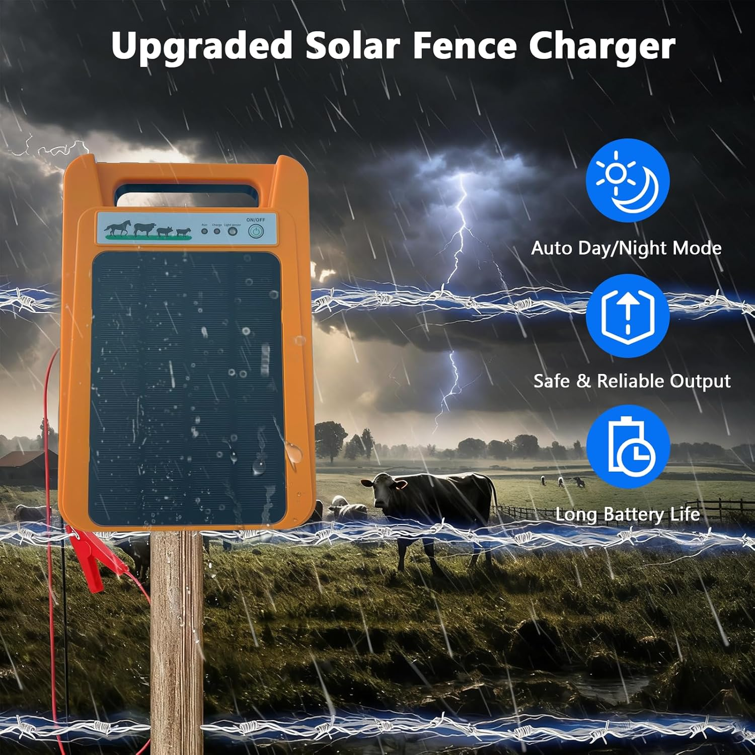 Solar Electric Fence Charger, 0.2J 8000V Solar Powered Fence Charger with Day/Night Mode, 24-Hour Uninterrupted Protection for Livestock, Poultry & Garden image number 5