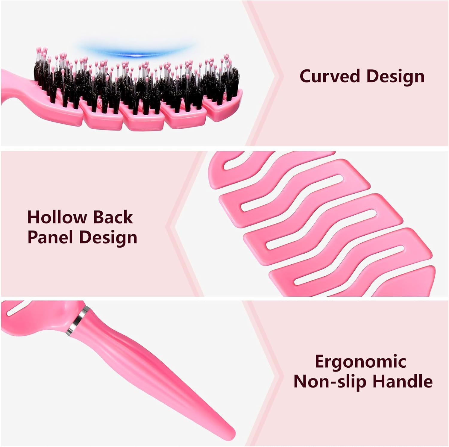 Blendura Hair Comb, Boar Bristle Hair Brush, Quick Drying Fluffy Styling Comb, Anti-Knot and Anti-Pull Hair Brush, Gentle Scalp Massage Brush, Suitable for All Hair Structures, Pink, Hair Brush