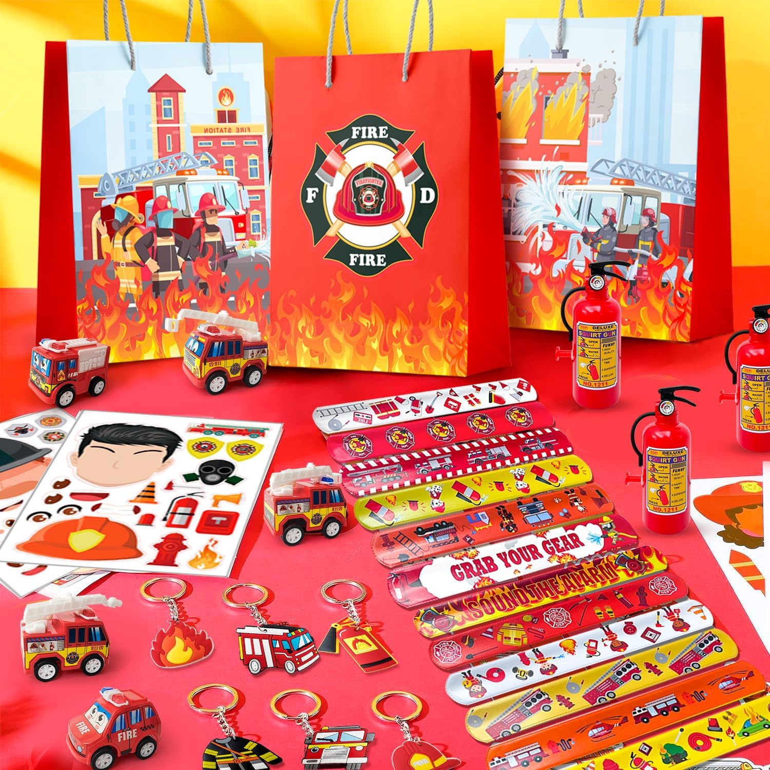 Firefighter Party Favors,72Pcs Fire Truck Party Favors Set- Firefighter Party Stickers Slap Bracelets Keychains Etc Firefighter Themed Party Favors for Firefighter Birthday Party Decorations Supplies