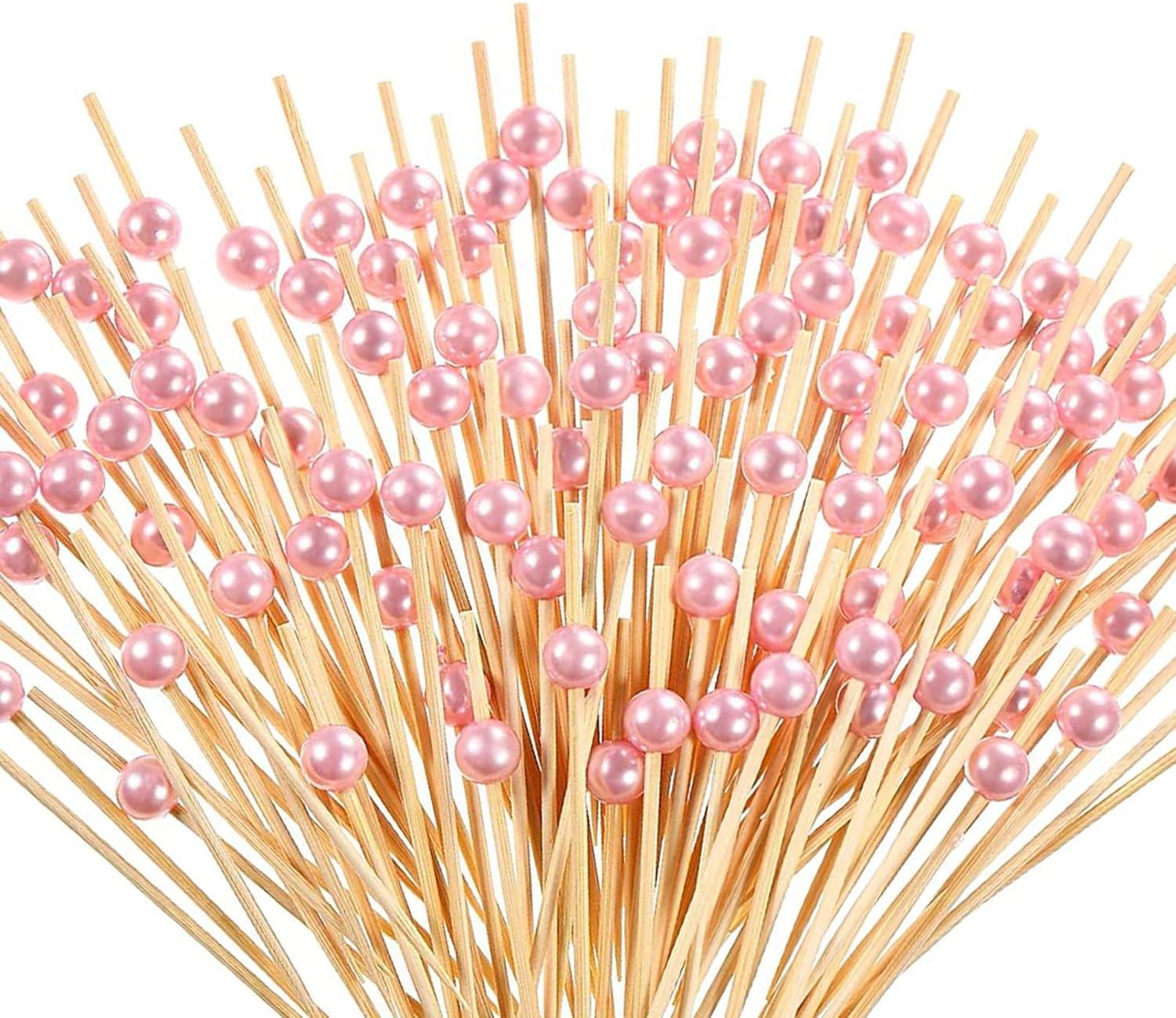 100 Pieces Bamboo Cocktail Picks, Betterjonny Wooden Toothpicks Pearl Fruit Sticks for Wedding Birthday Party Supplies (Pink Beads)