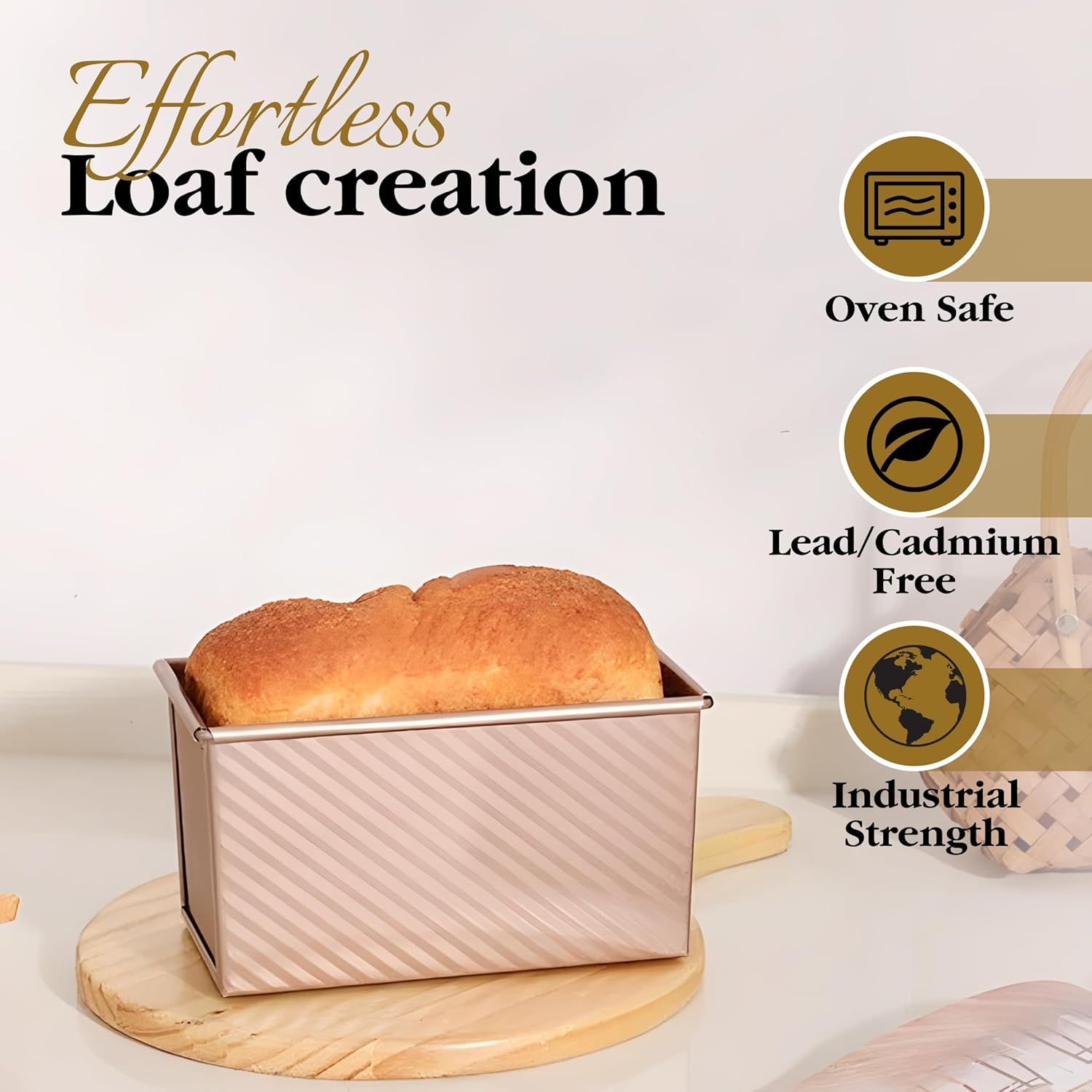 FIDZ PAN Pullman Loaf Pan with Lid, 1 Lb Dough Capacity Non-Stick Bread Pan for Baking Bread, Carbon Steel Corrugated Bread Toast Box Mold with Cover for Baking Bread, Gold image number 1