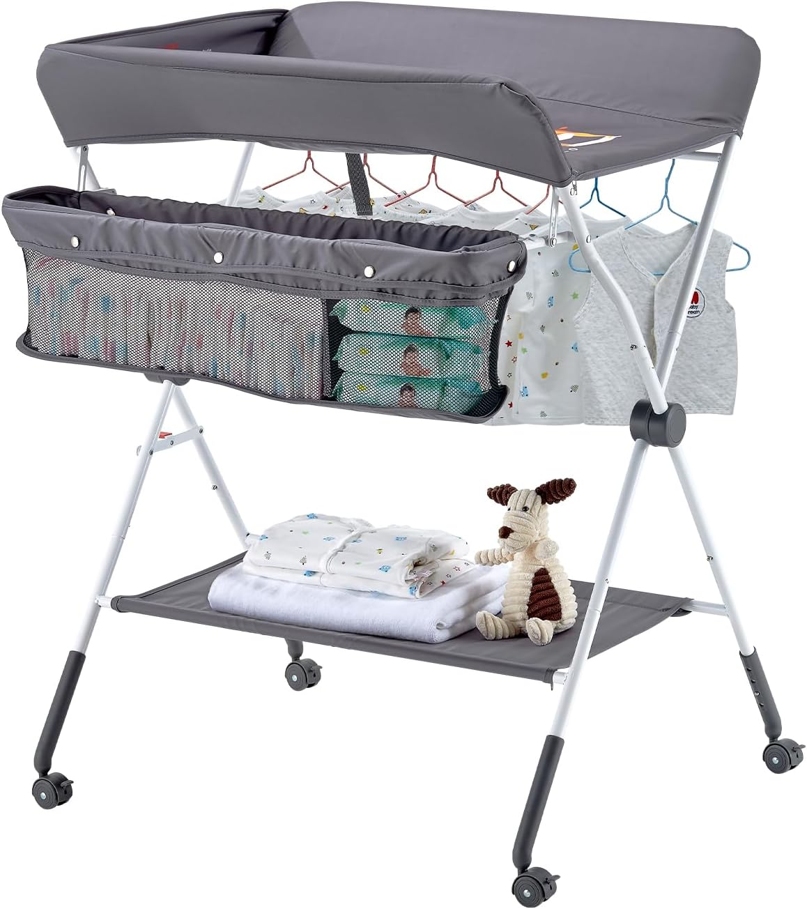VEVOR Baby Changing Table, Foldable Diaper Change Station with Side Basket, Adjustable Height Portable Changing Table with Lockable Wheels, Multi-Functional Storage Organizer Nursery, Dark Gray image number 4