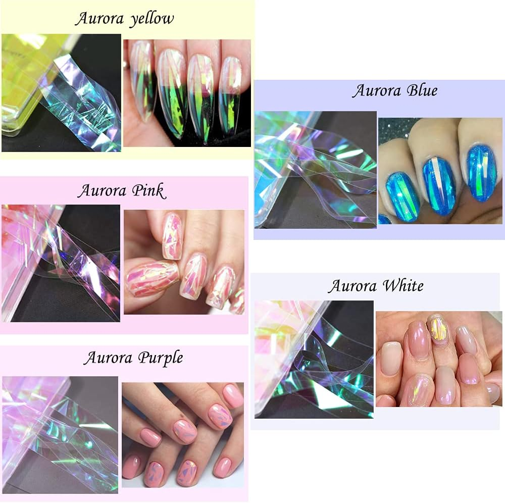 CHANGAR 5 Colours Gradient Aurora Glass Paper Nail Stickers Reflective Mirror Design Broken Glass Strip Line Paper Nail Decals DIY Nail Art Decoration (5 Boxes) image number 1