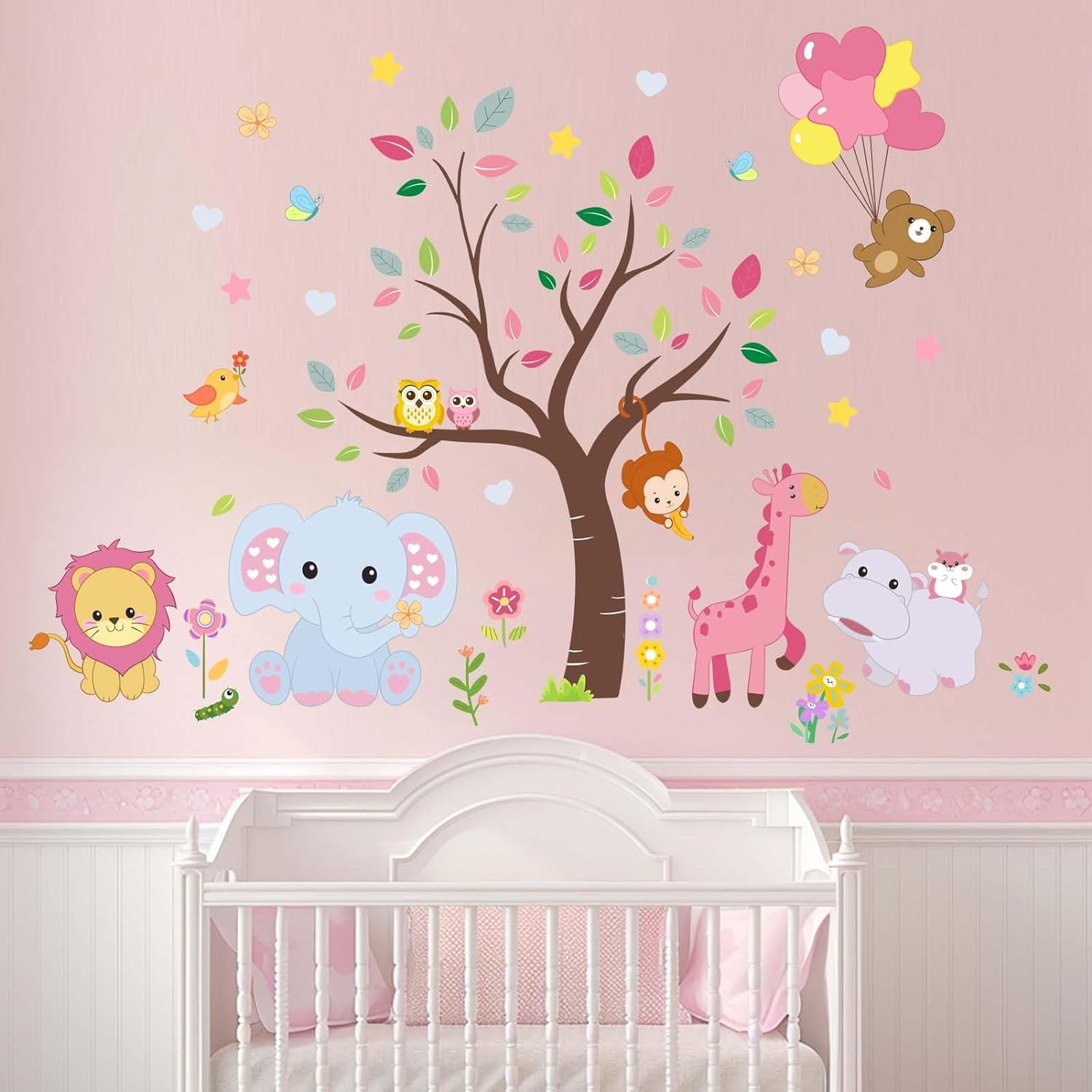 Pink Animals Baby Wall Stickers - Forest Lion Elephant Monkey Hippo Wall Decals - Girls Baby Nursery Kids Room Wall Decor image number 3