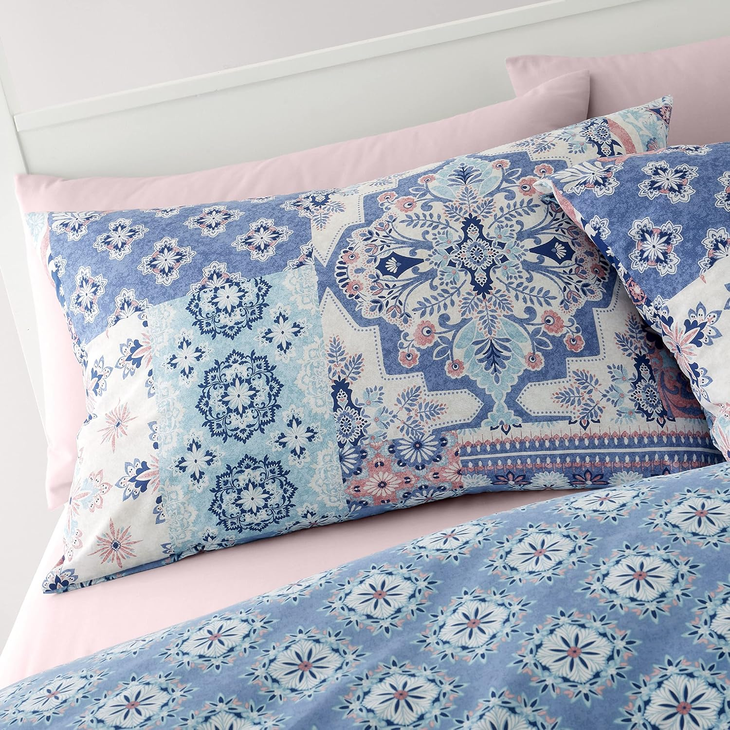 Catherine Lansfield Bedding Boho Patchwork Single Duvet Cover Set with Pillowcase Blue image number 1