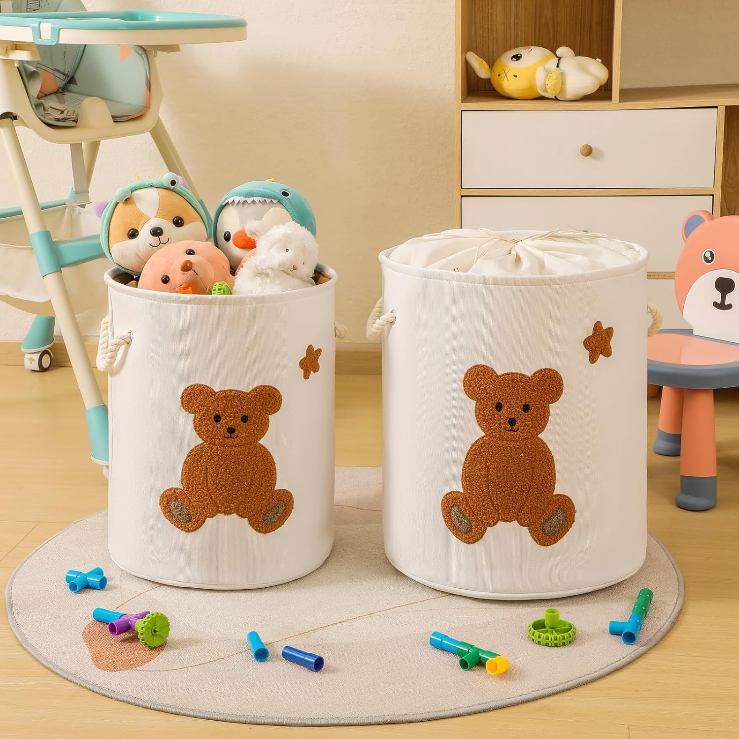 Kids Laundry Basket Nursery Hamper Baby Laundry Basket Stuffed Animal Toys Storage Baskets for Toddler Room Decor, Dirty Clothes Hampers with Drawstring Closure for Bedroom/Living Room/Nursery, Bear image number 6