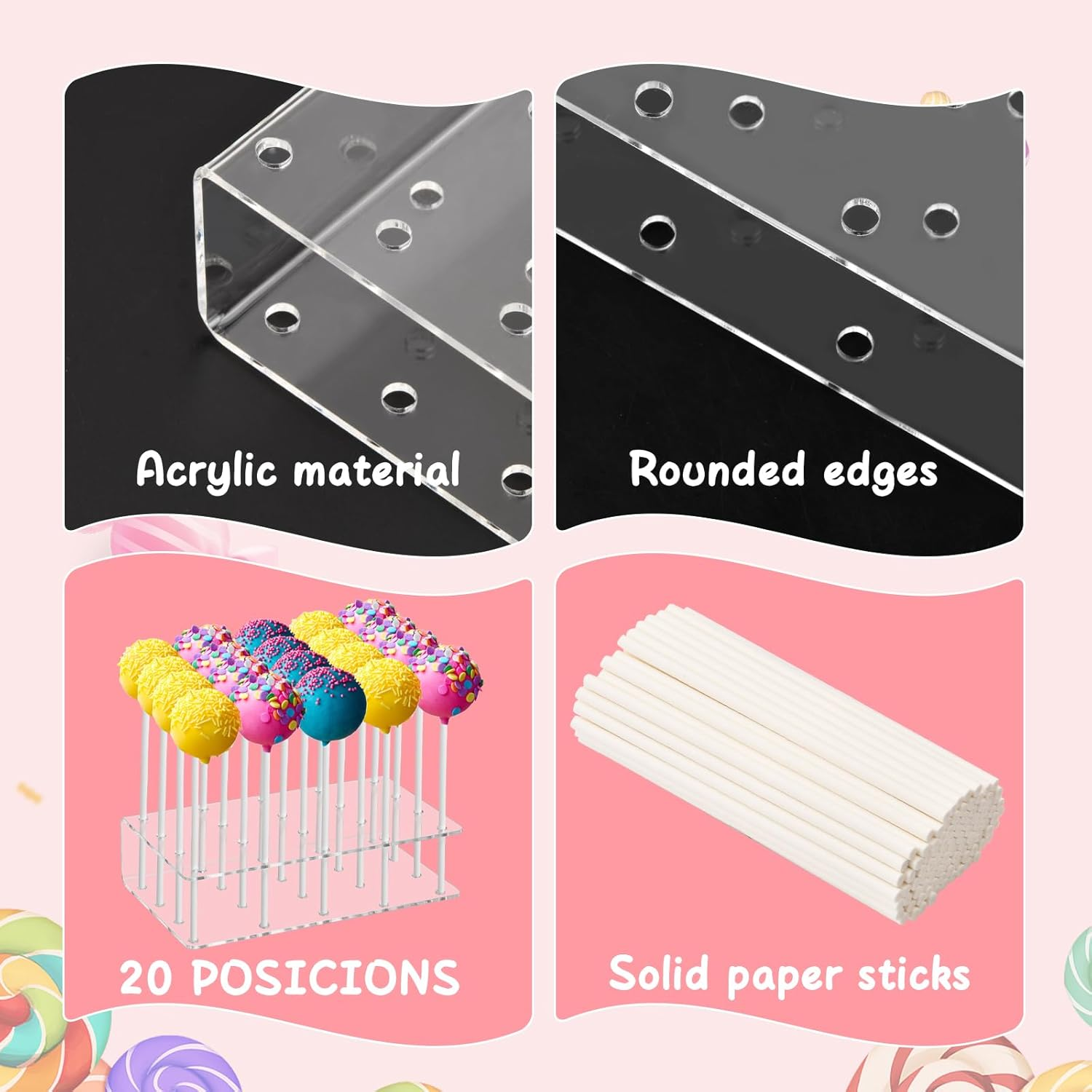 Lollipop Holder Display Stand 20 Holes Clear Acrylic Cake Pop Stand Holder with 100 Pcs Paper Sticks for Wedding Baby Shower Birthday Party Halloween Christmas Candy Decorative image number 6