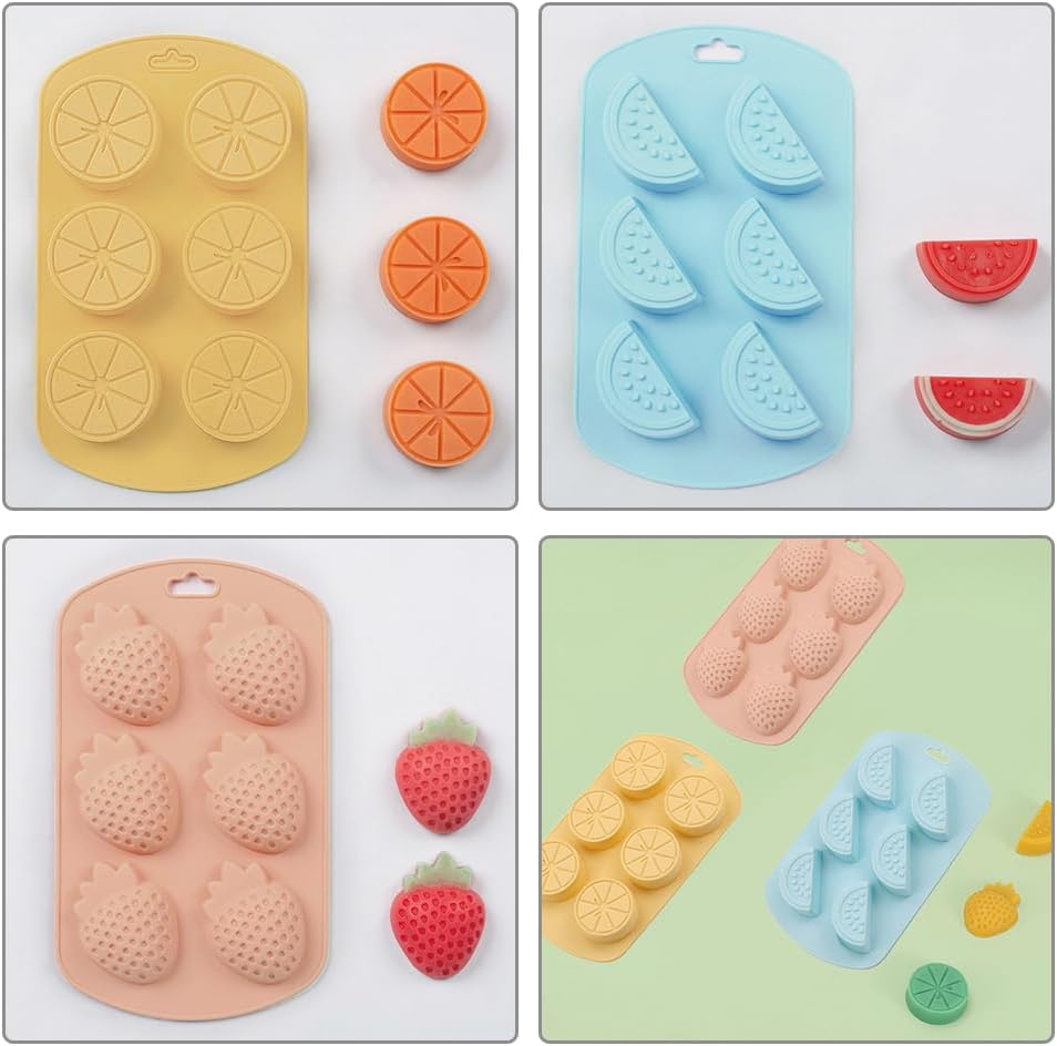 Homiliky 3 Pack Gummie Molds，Fruit Shape Food Grade Silicone Candy Molds 3D Mini Strawberry Watermelon Lemon Fruit Shape Silicone Candy Molds Non-Stick Cake Decoration Mold for Hard Candy, Chocolate