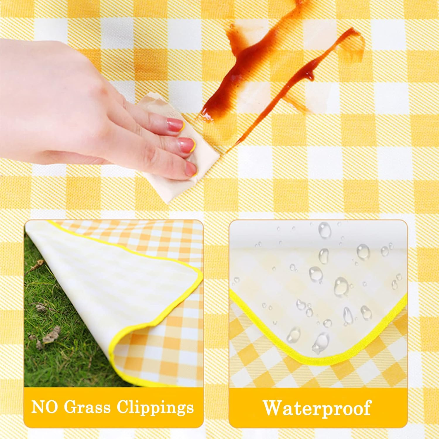 Large Outdoor Picnic Blanket, Foldable Waterproof Gingham Mat, Sandproof Picnic Rug for Beach, Camping, Hiking, Travel, Family, Park,Courtyard (Yellow, 200X300Cm) image number 3