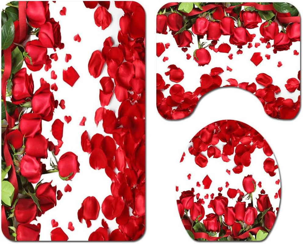 3 Pieces Polyester Non Slip Bathroom Mat Sets Bath Mat + Pedestal Mat + Toilet Seat Cover Mat, Morbuy Home Decor - Floral Print (Blue) - Lotus image number 5