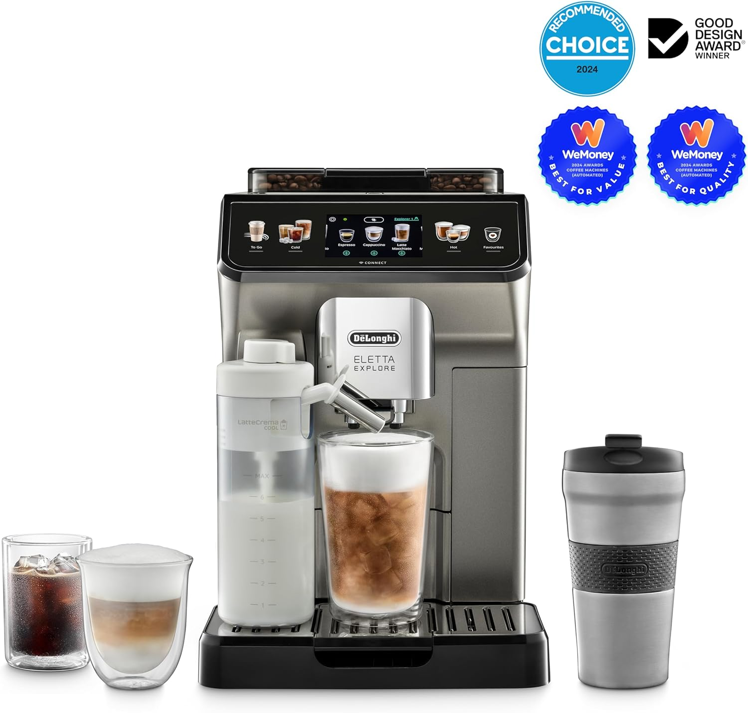 De'Longhi Eletta Explore ECAM450.86.T, Automatic Coffee Machine, Hot & Cold Automatic Milk Frothing, Cold Brew, Iced Coffee, over 50 Recipes, Integrated Grinder, Travel Mug, Wi-Fi, Titanium image number 6