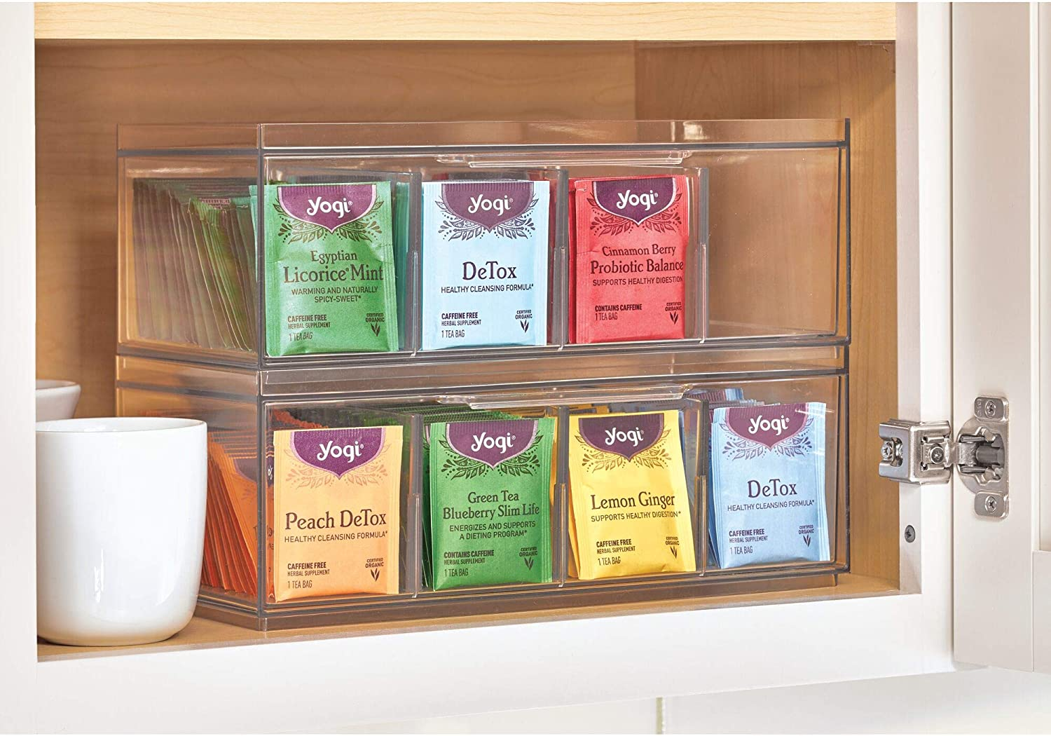 Idesign Crisp Bpa-Free Plastic Stackable Tea Bag Organizer for Kitchen Cabinets and Countertops - 12.59" X 6.23" X 4.57", Clear with Gray Dividers