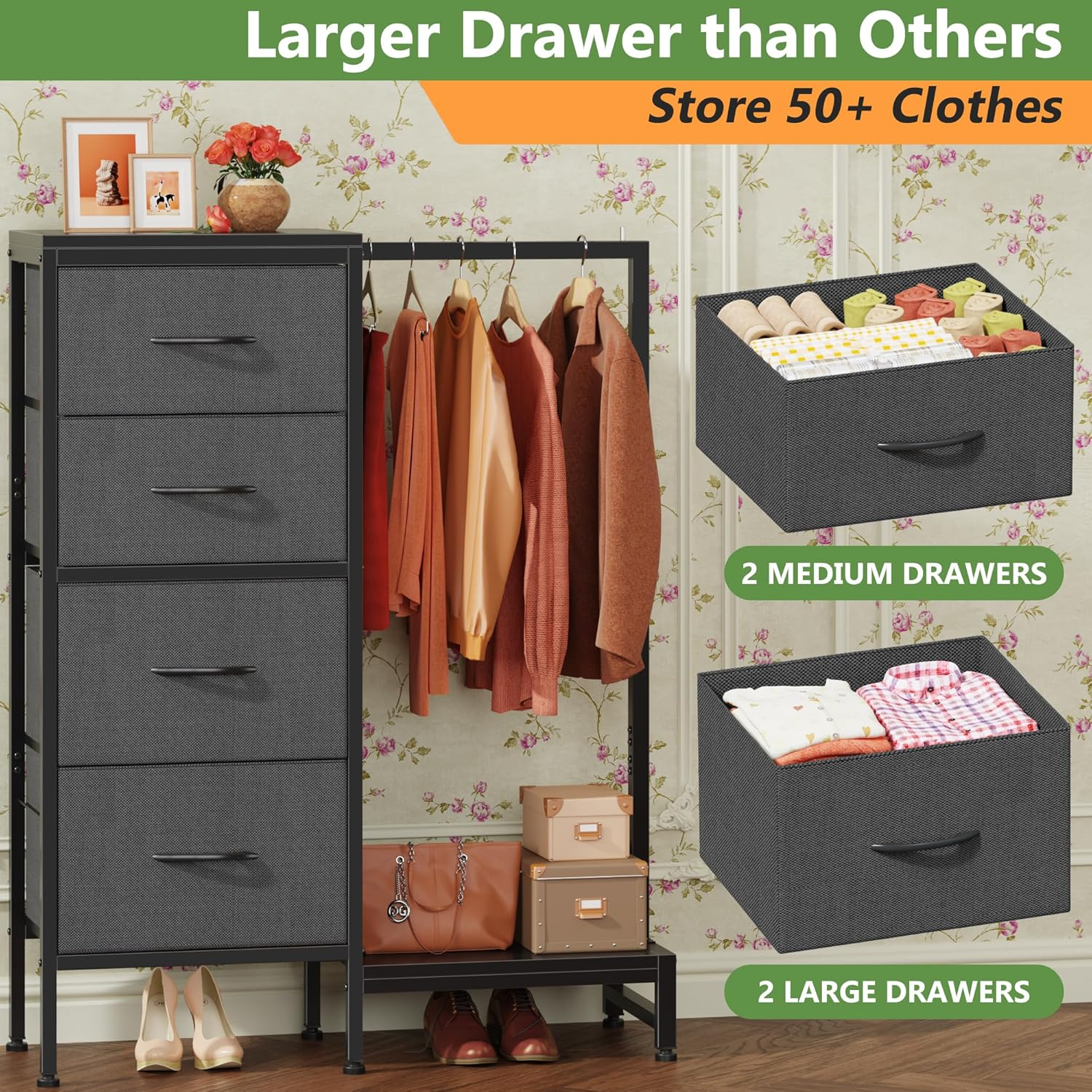 HIGDBFE Dresser with Hanging Rack, 4 Drawers Small Closet for Bedroom, Reversible Fabric Kids Dresser for Closet with Clothes Rack, Tall Chest of Drawers, Sturdy Frame, Grey, 44" H image number 1