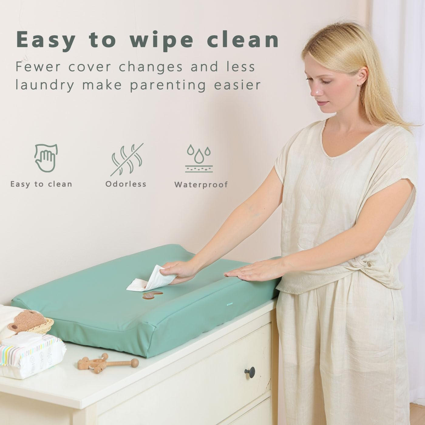 Vegan Leather Baby Changing Pad Covers for Girl, Boy, Waterproof & Wipeable Soft Diaper Changing Mat Cover.Fits Standard Changing Pads with Dimensions of 32" X 16". (Green) - Green image number 2