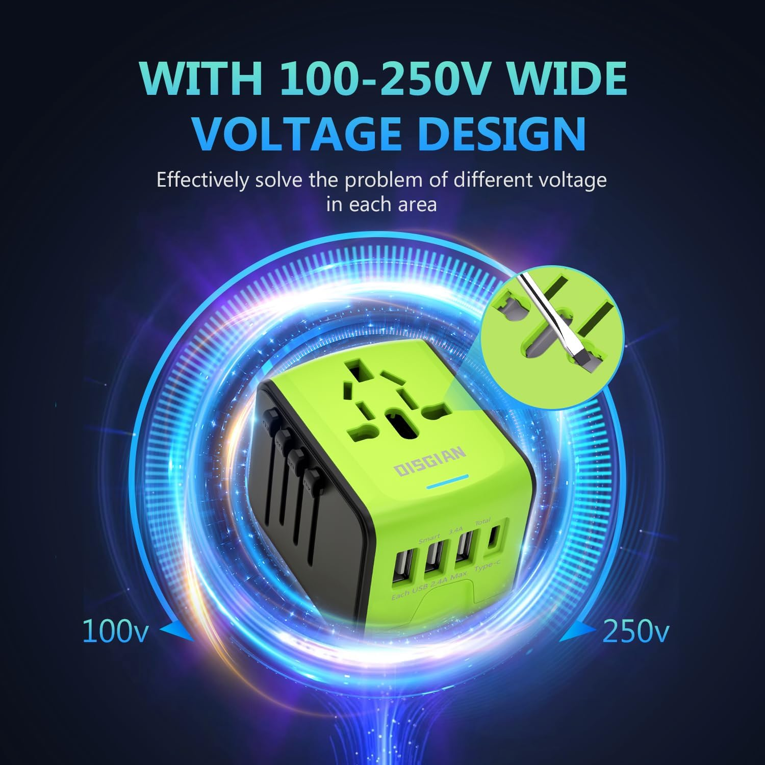 Travel Adapter, Universal International Power Adapter with 3USB Port and Type-C International Wall Charger Worldwide AC Power Plug for Multi-Nation Travel UK, EU, AU over 200 Countries (Green)