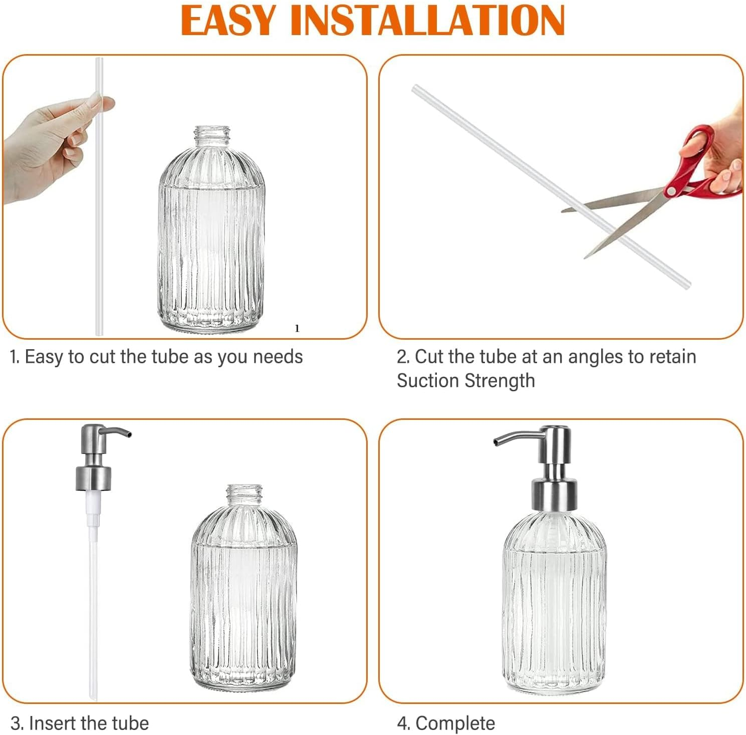 MLUOTALY 8Pcs Soap Dispenser Pump Head, Stainless Steel Soap Dispenser Pump Head with Hoses for 26-28 Mm Thread Bottle Soap Dispenser, Replacement Pump for Kitchen Bathroom, Silver