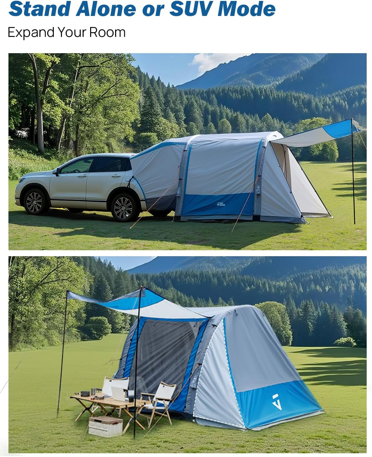 JOYTUTUS SUV Tent with Inflatable Pump, Easy Set-Up Car Tent for 6 Person with Car Roof Canopy, Dual-Use Blow up SUV Camping Tent with 2 Awnings, Double Door image number 5