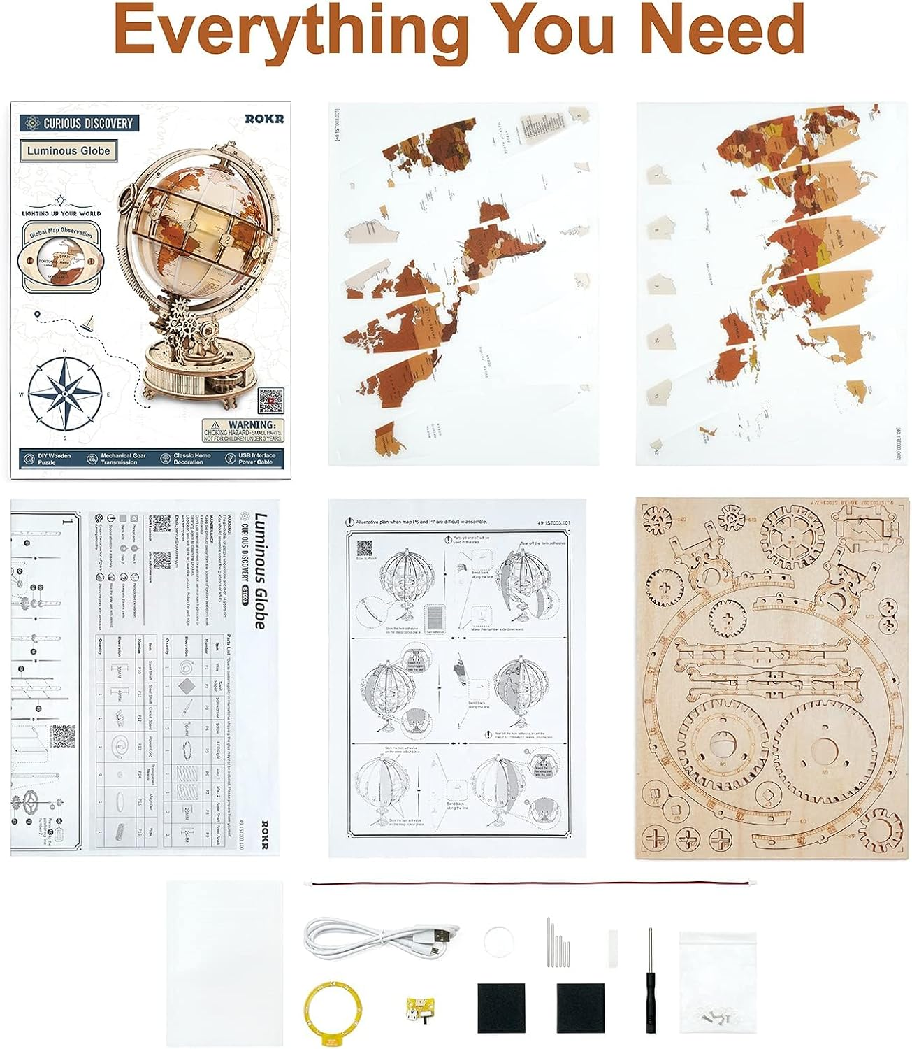 ROKR 3D Wooden Puzzles for Adults Illuminated Globe with Stand 180Pcs 3D Puzzles Built-In LED Model Kit Home Decor Gifts for Teens/Adults image number 5