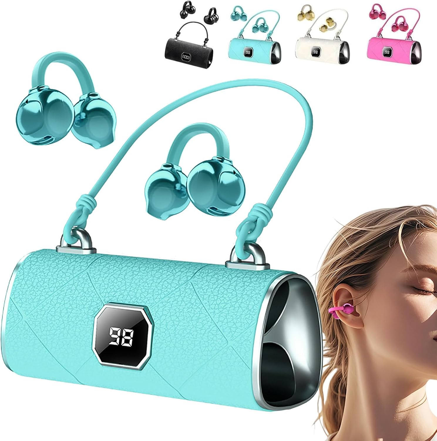 Fashionable Clip-On Wireless Headphones, X22 Clip on Wireless Headphones, Ear Cliheadset with LED HD Display, Ipx5 Waterproof Open Ear Bluetooth Earbuds (White with Decor)