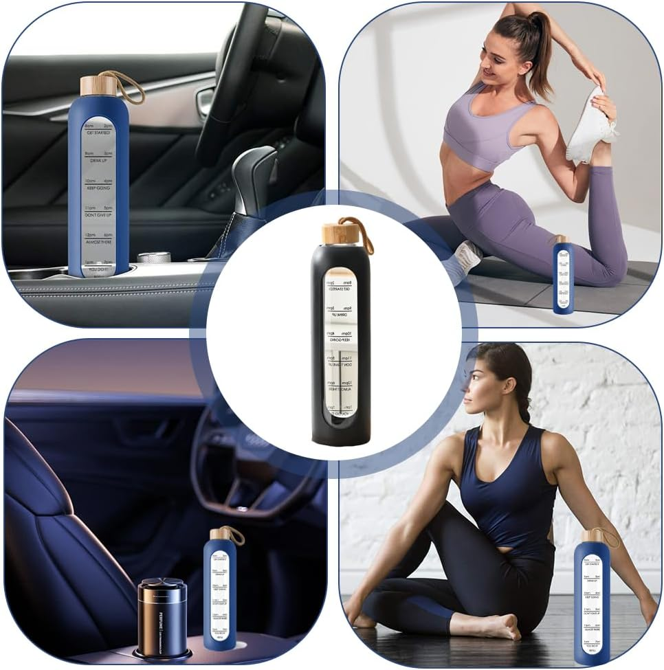 1000 ML Water Bottle, Time Marker Water Cup, Reusable Glass Tumbler, Motivational Water Bottles with Silicone Sleeve and Bamboo Lid, Drop Resistant Water Bottle for Gym Sports Outdoor (8X8X28.5Cm） image number 1
