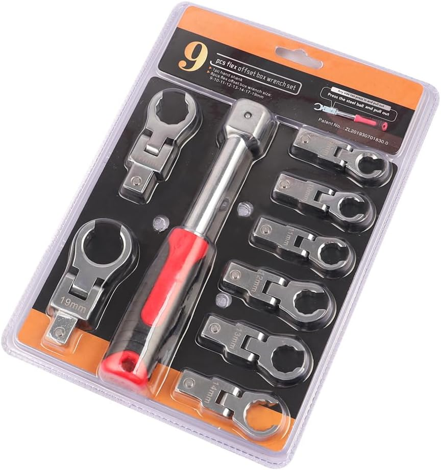 AIMALL 9-Piece Replaceable Ratchet Wrench Set - 180&deg; Rotating Swivel Pipe Wrench for Automotive Repair image number 5