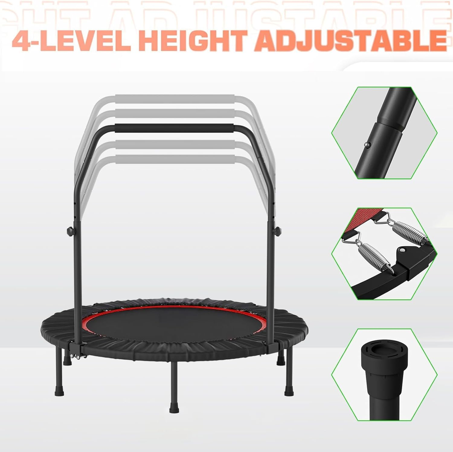 40"/ 48" Foldable Mini Trampoline, Indoor Trampoline for Kids, Adults Indoor/Garden Workout, Fitness Rebounder with Adjustable Foam Handle, Max Load 440/550 Lbs image number 6