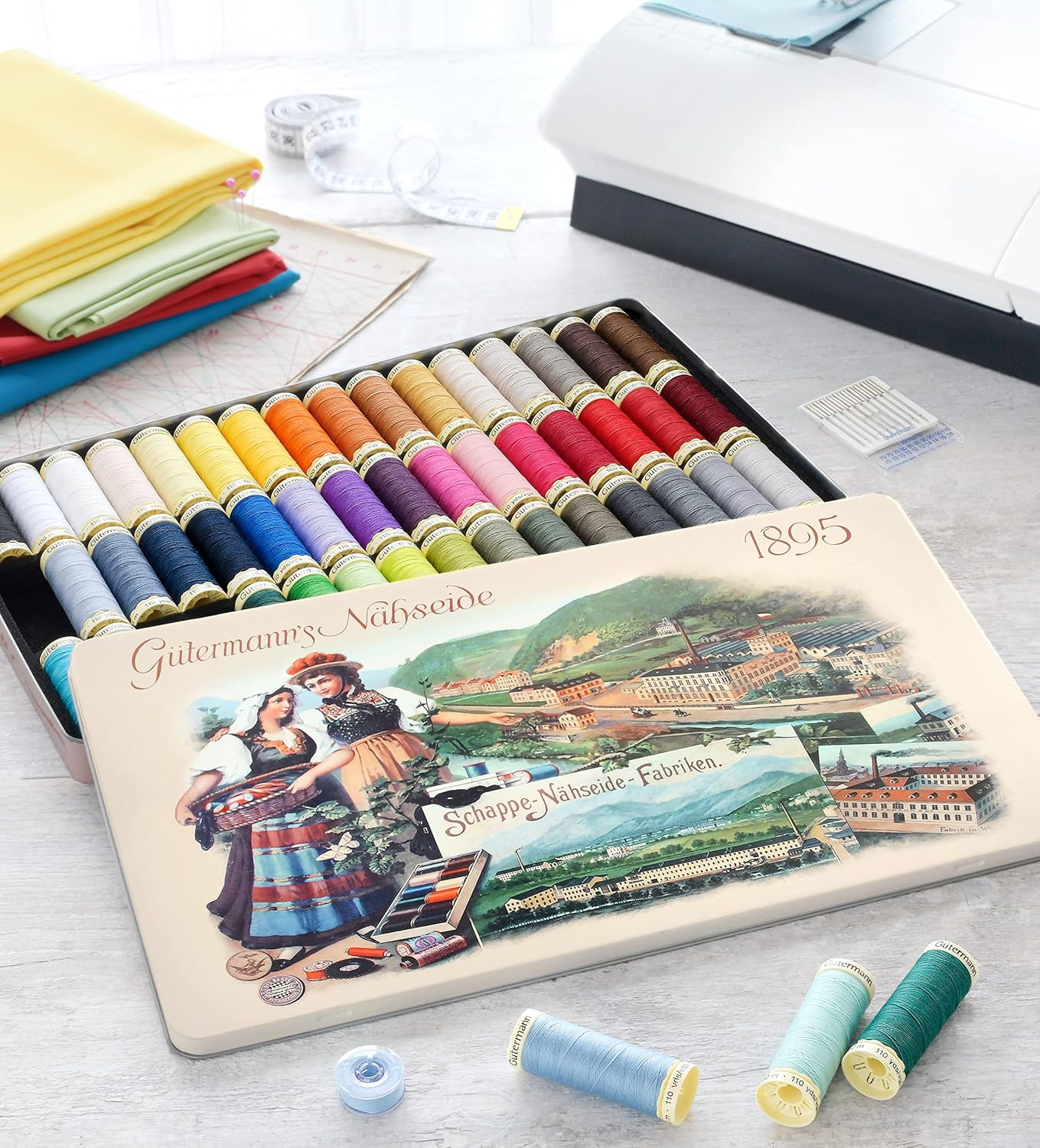 Gutermann Vintage Tin Thread Set 100M Basic Colours X 48 Reels, Multicoloured, One Size image number 3