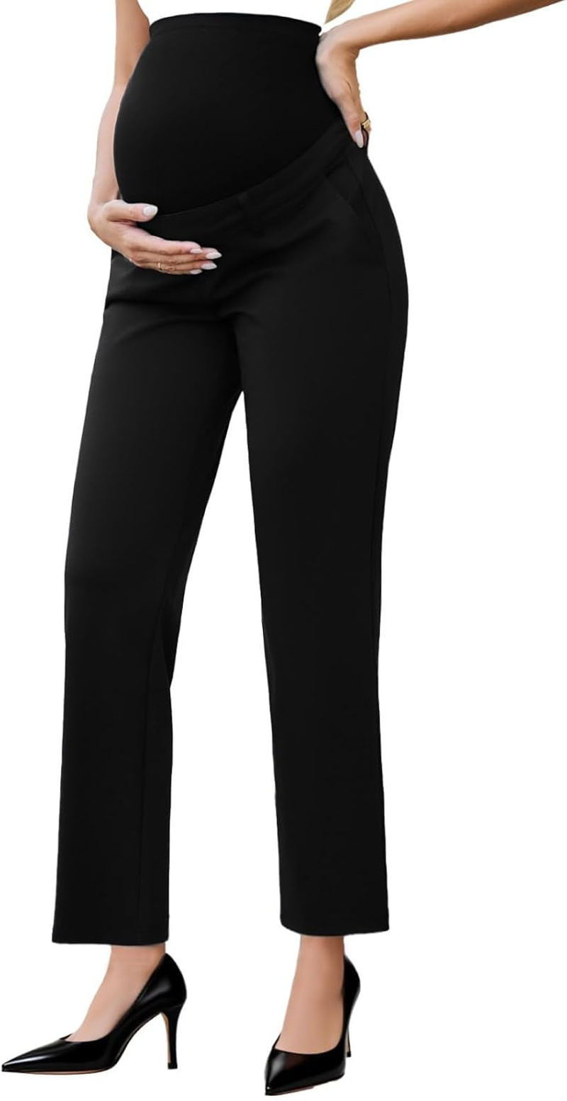 Ecavus Maternity Pants over the Belly Seamless Stretch Work Pants Dual Length Pregnancy Office Dress Pants with Pockets