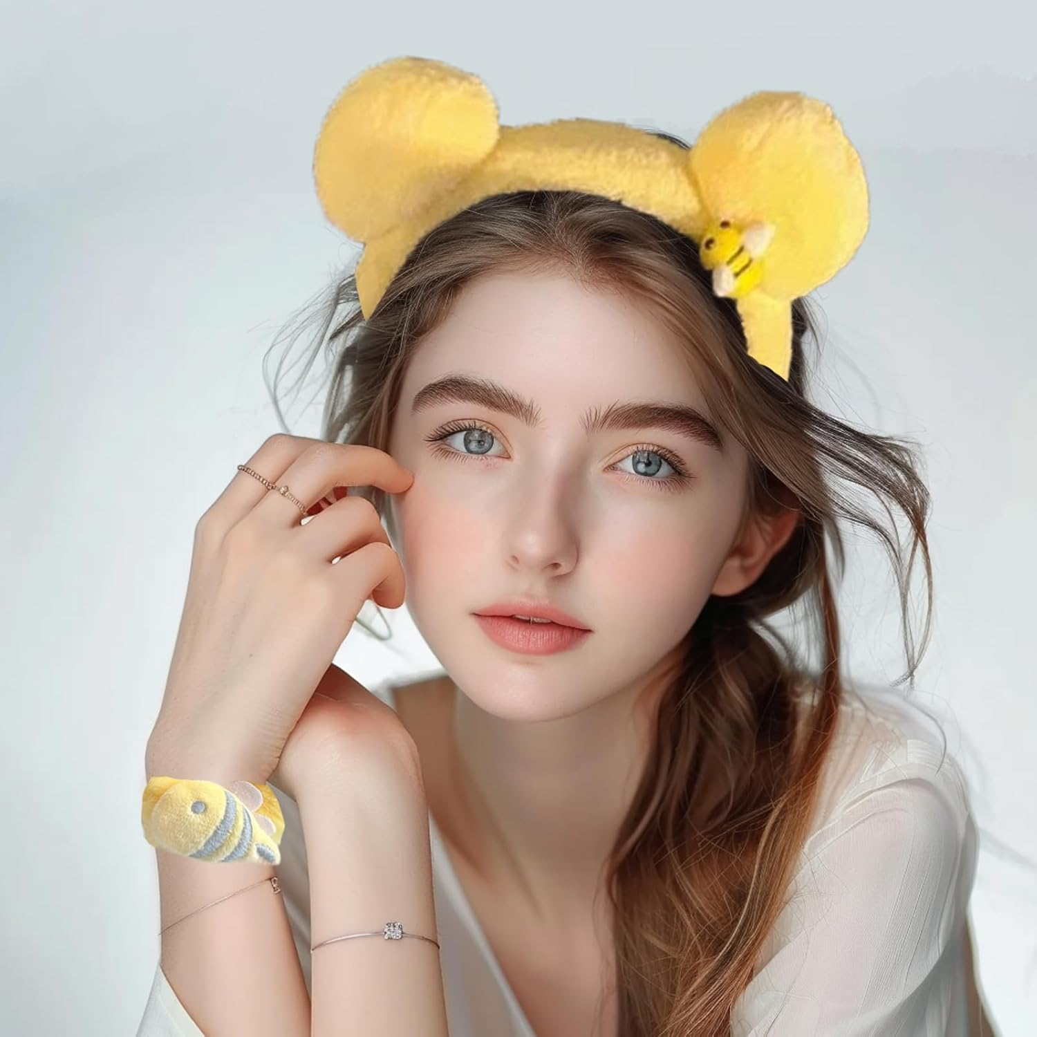 Kuskins Bear Ears Headband & Wristbands Set (3-Piece) &ndash; Plush Spa Headband with Elastic Hair Ties, Cute Animal Ear Hairband for Women, Cosplay & Halloween image number 4