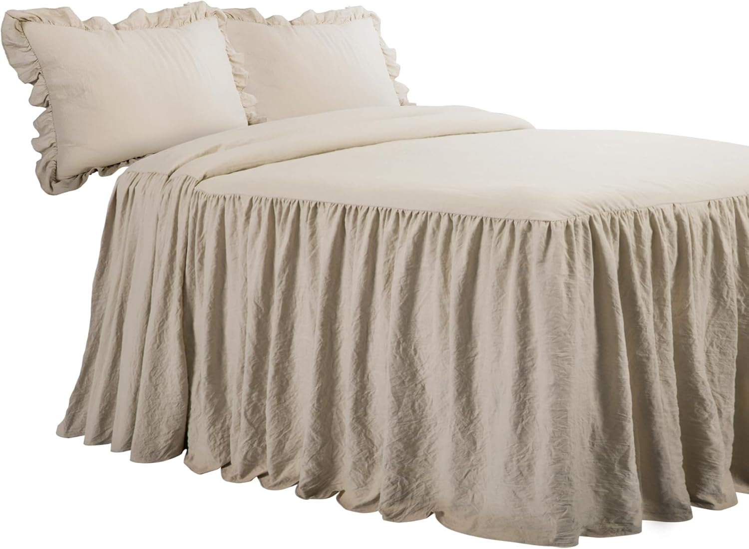 Lush Decor Ruffle Skirt Bedspread 3 Piece Set, King, Neutral - Beige King Bedding - Ruffled Bedspread - Vintage Farmhouse Decor image number 7