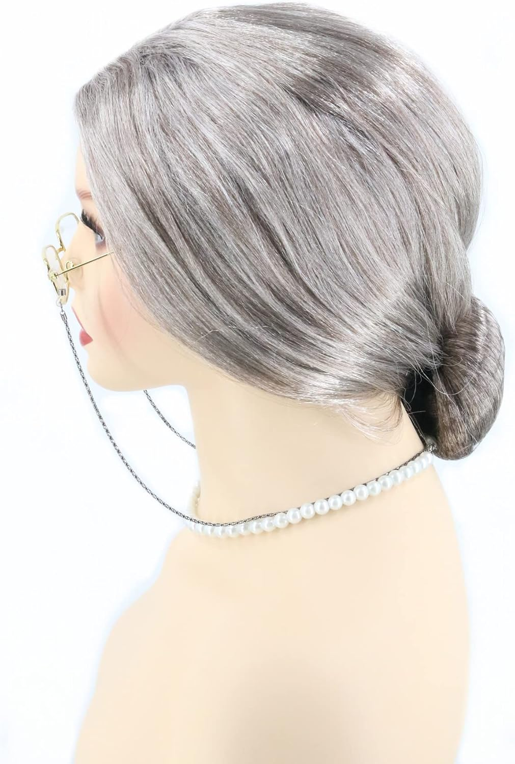 Lemarnia Old Women Wig with Dressing Props Granny Bun Wig Halloween Party Wig (Taupe Brown) - Grey / Brown image number 2