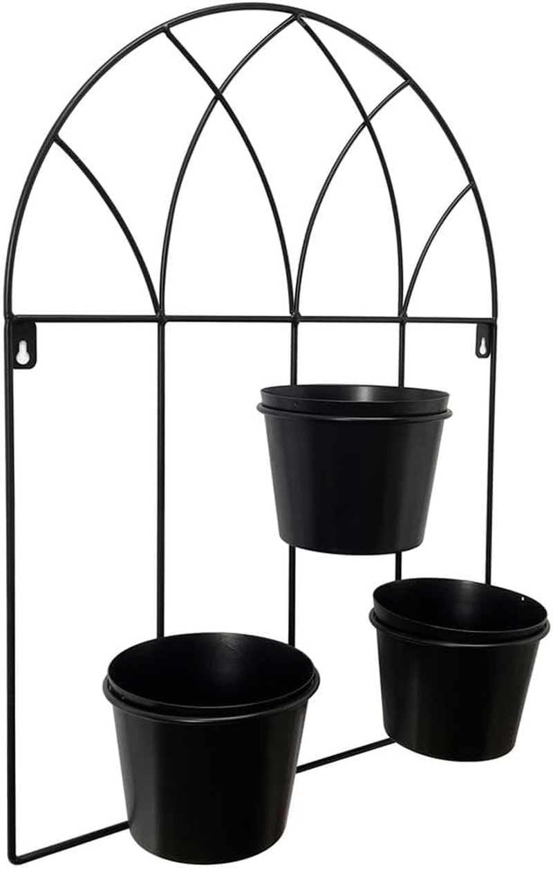 Willow & Silkindoor Outdoor Garden Yard Decor Art Black Metal Arch Design 3-Pot Wall Planter image number 2