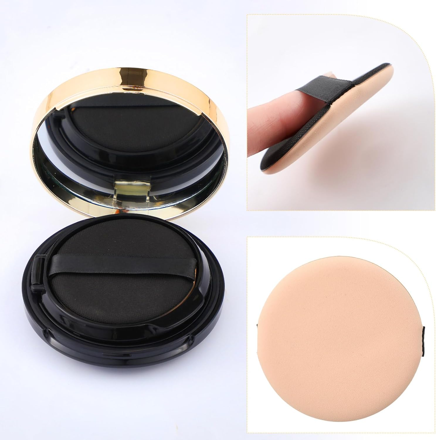 Patelai 7 Pcs 0.5Oz Black Empty Luxurious Air Cushion Puff Box with Sponge Puff and Mirror, Portable Make-Up Powder Container Case with Extra Sponges and Puffs, Refillable Foundation Bb Cream Box image number 2