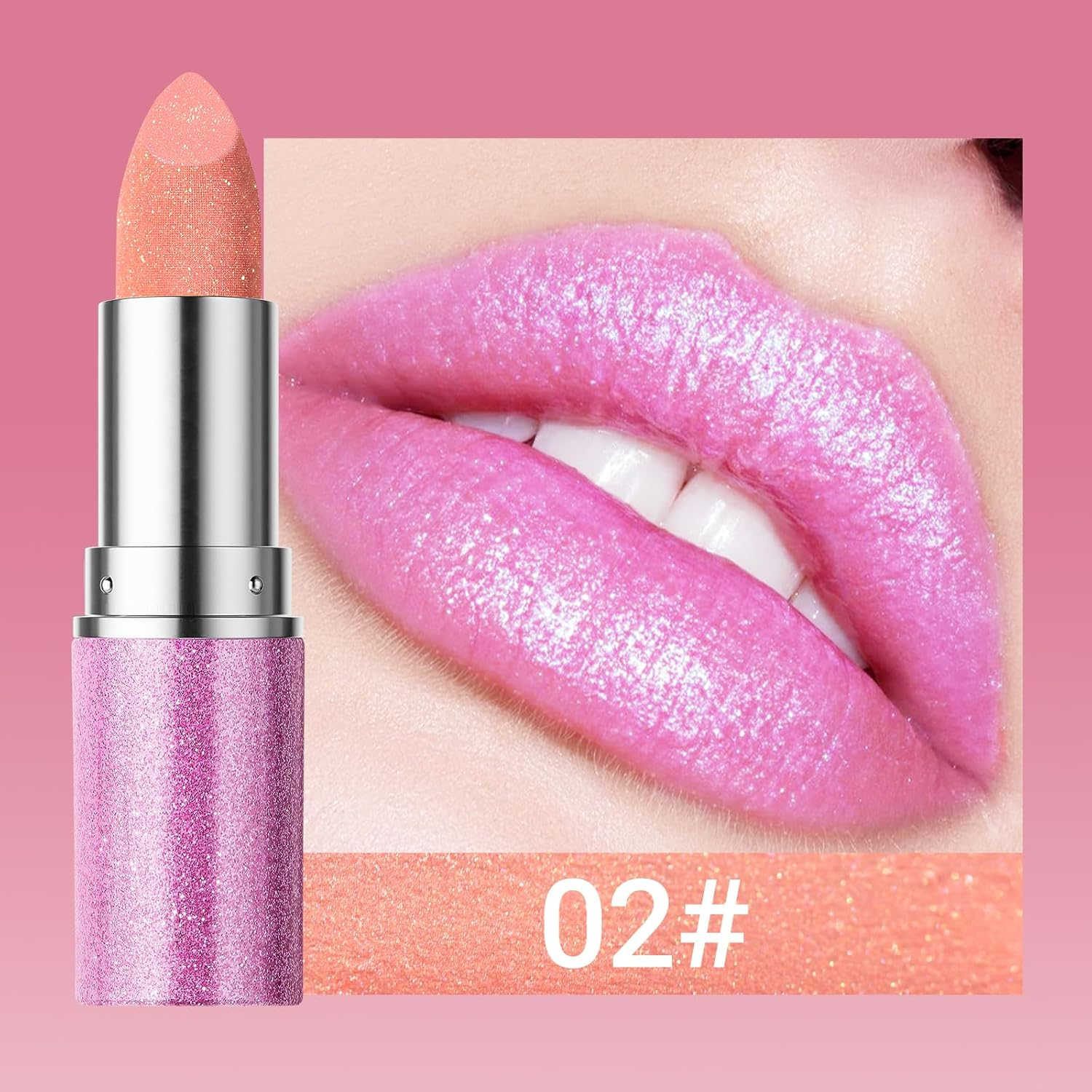 Erinde Glitter Pink Lipstick, Diamond Shimmer Metallic Lipstick for Women, Lightweight Hydrating Formula, Smooth Non-Sticky Long Lasting Lipstick, High Impact Full-Coverage Lip Color,#02 - 02 image number 3