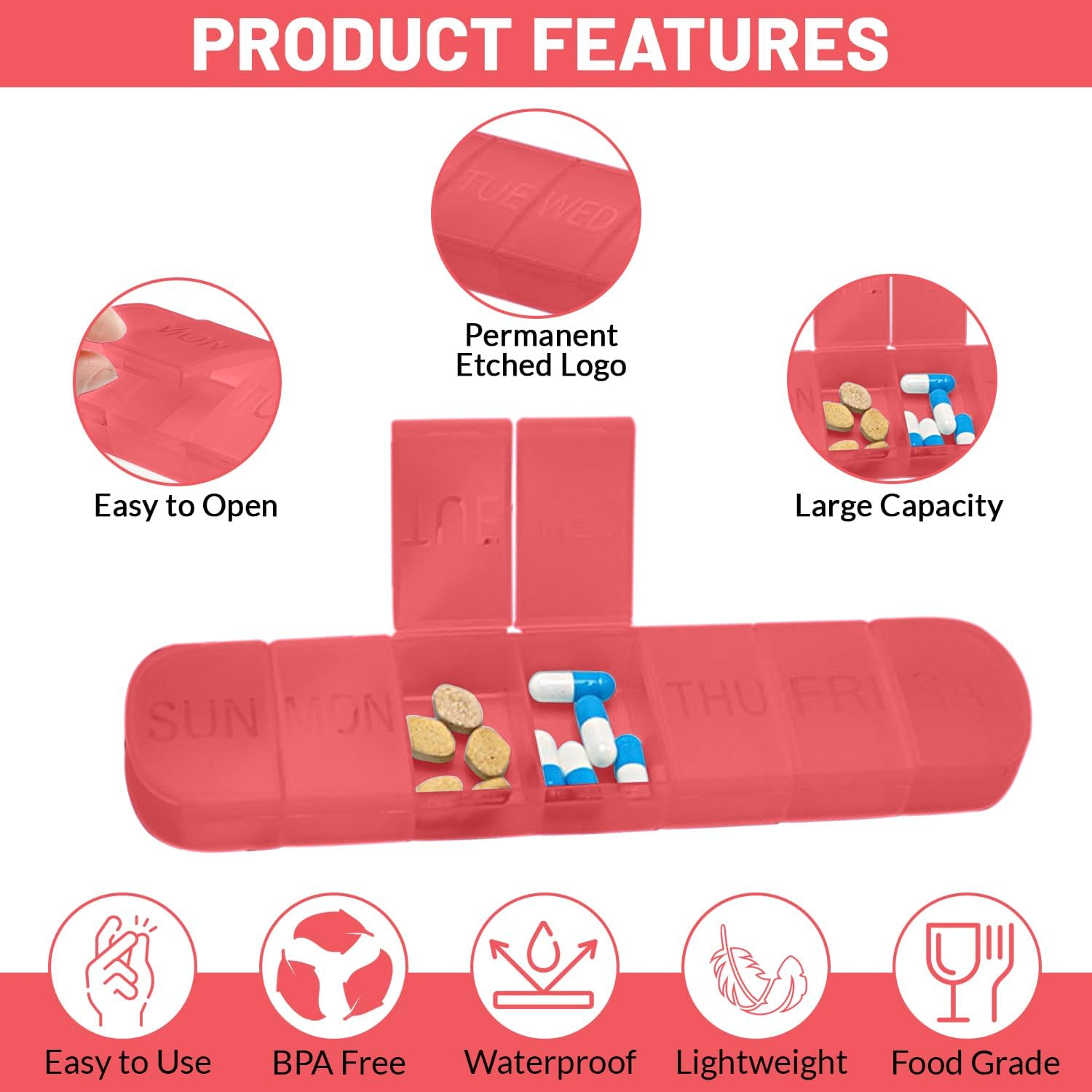 New Weekly Pill Organizer 7 Compartments PP Plastic Storage Box Custom Logo Color Portable Pill Case 7 Days Pill Box (Red) image number 6