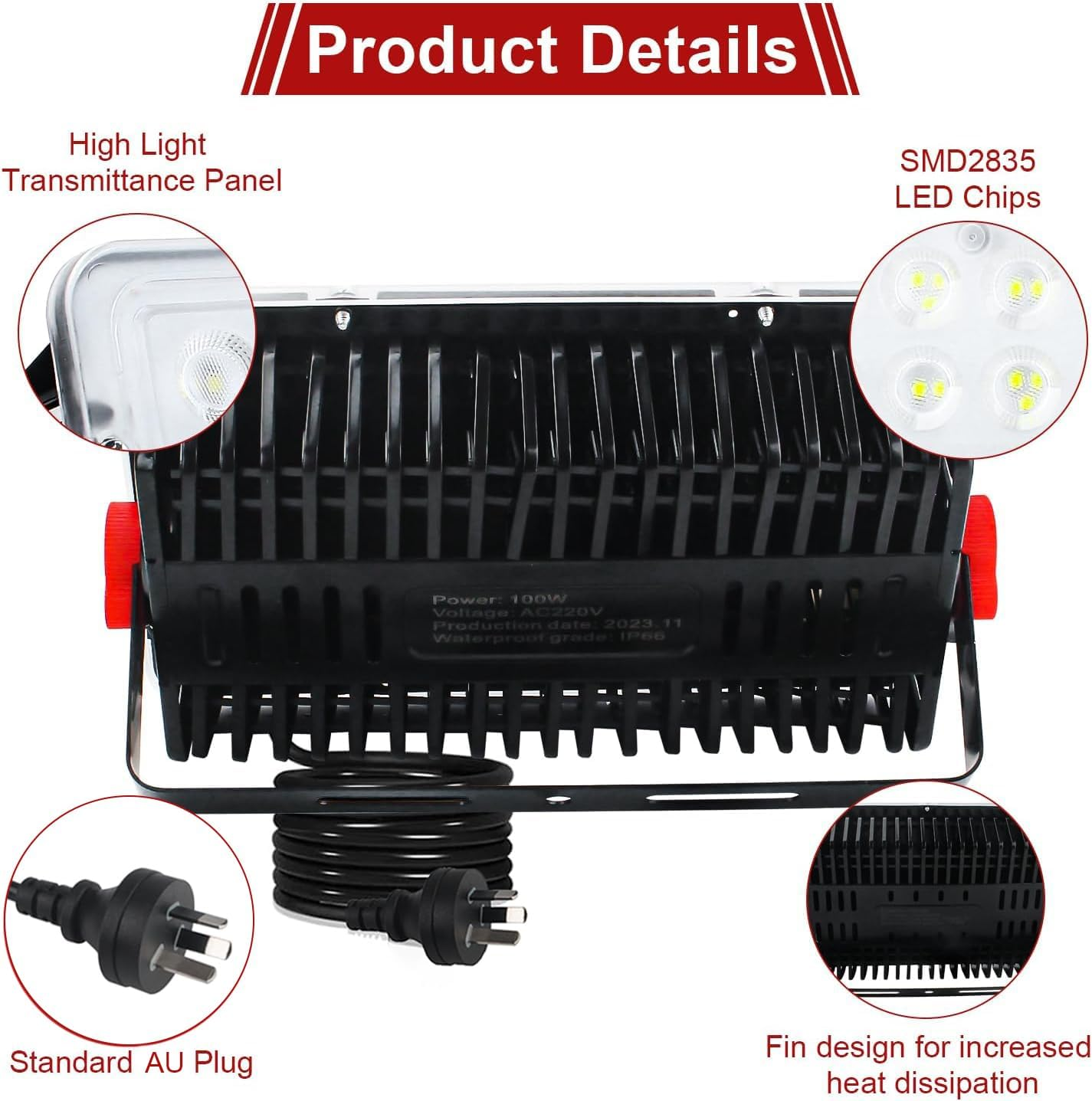 2 Pack 50W LED Flood Light Outdoor, 5000LM LED Work Light, Floodlight with Plug On/Off Switch, 6500K Portable Exteriores Security Light for Yard, Garden, Stadium, Playground image number 6