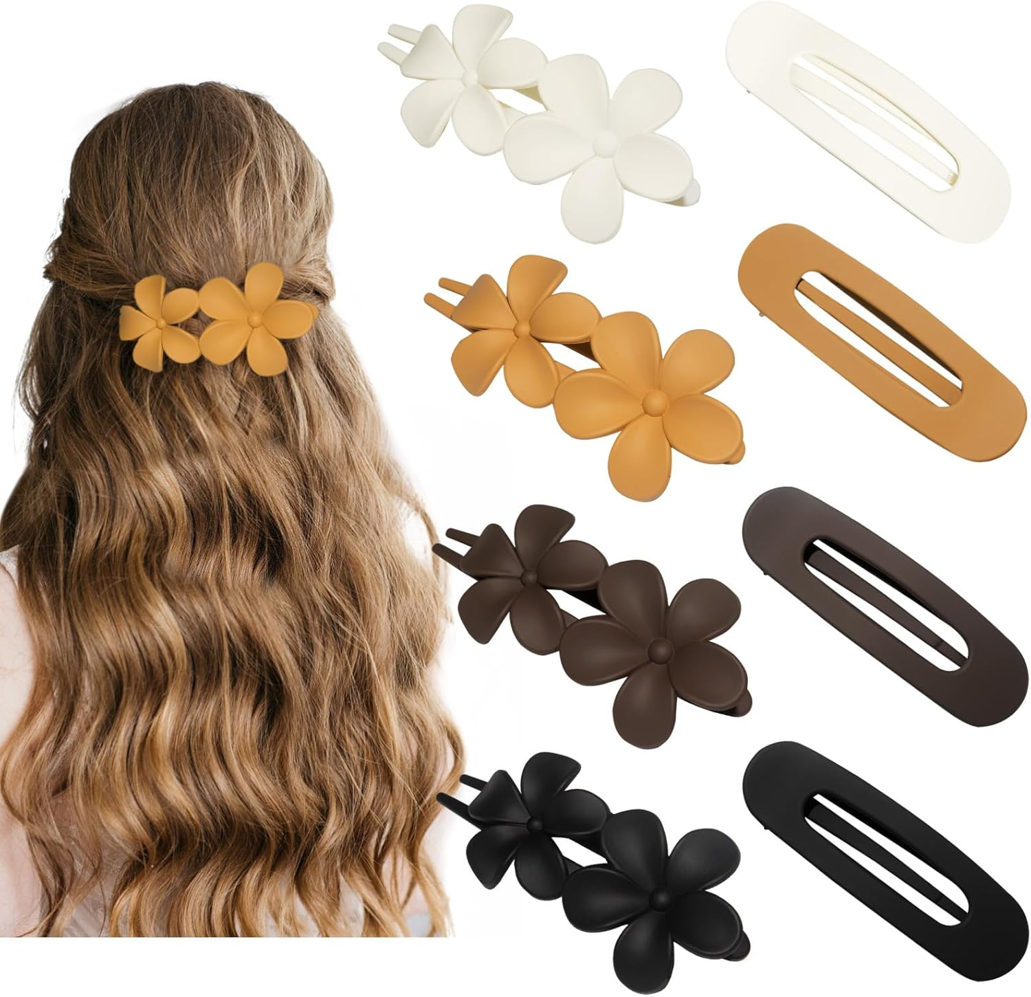 Lay down Flat Hair Clips for Women - 2 Style Big Matte Flower Alligator Claw Clamps for Thin, Fine & Thick Hair (Dark Color)